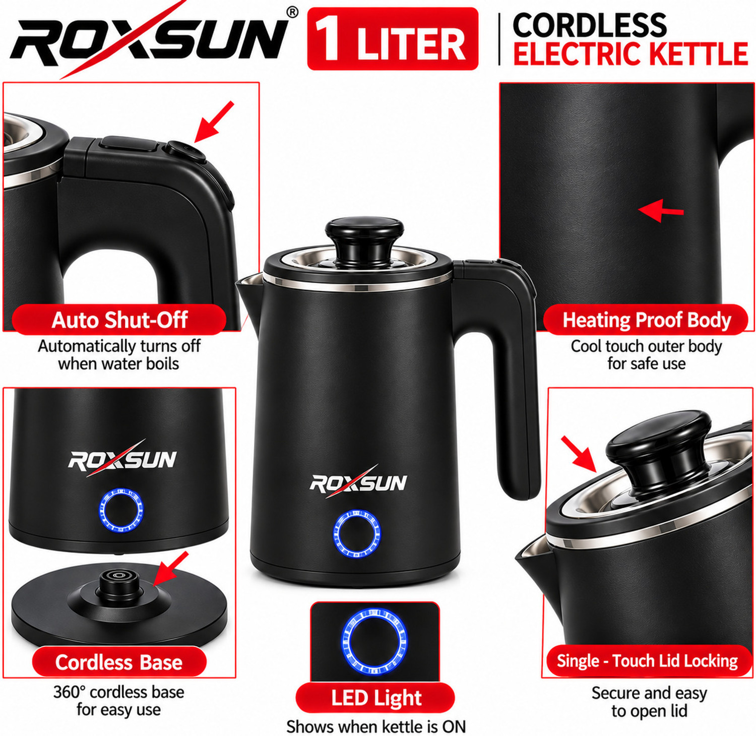 Image of ROXSUN ROXSUN1 LITER WIDE MOUTH CORDLESS ELECTRIC KETTLE ,AUTO CUT,DRY PROTECTION Electric Kettle