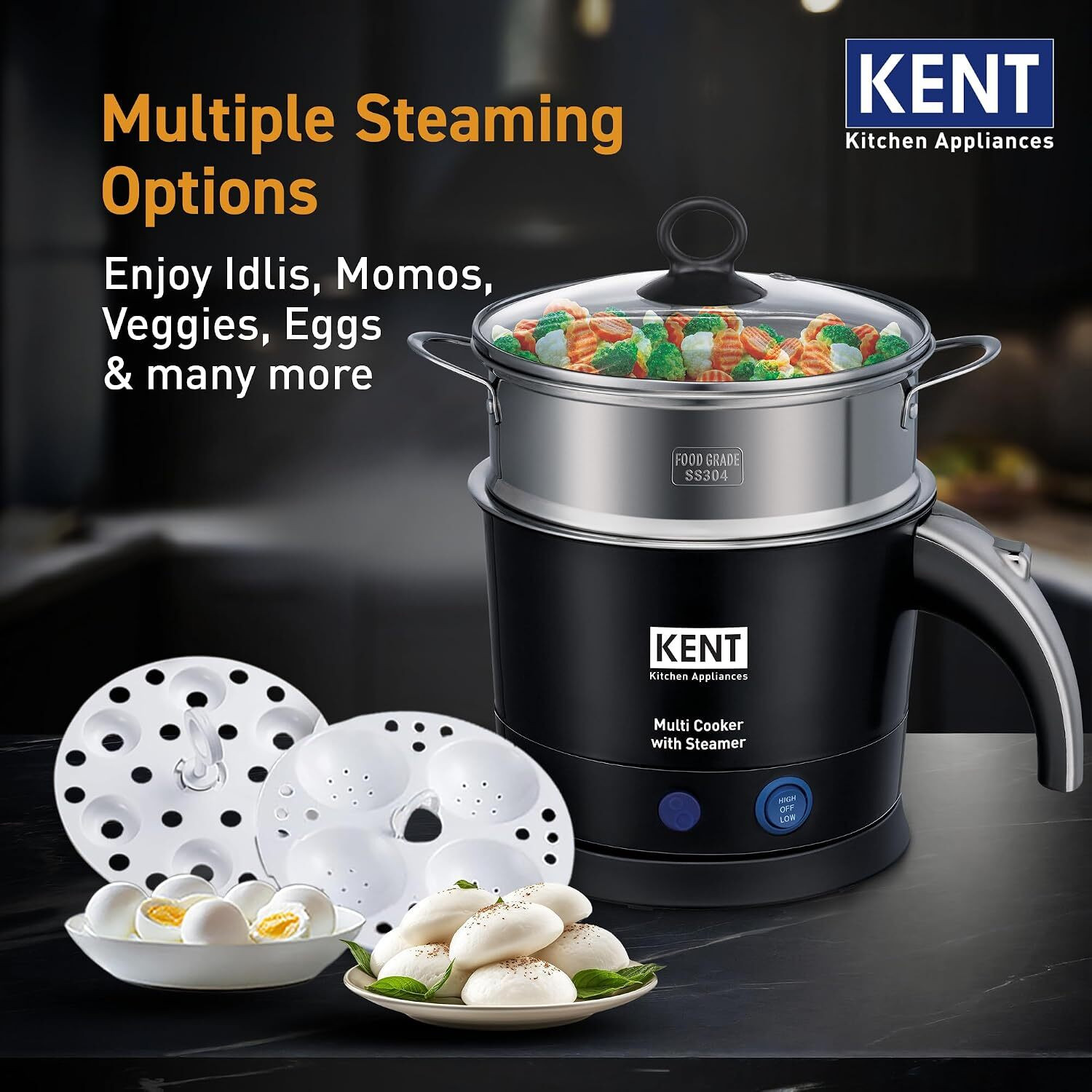 Image of KENT Electric Multicooker /Kettle with Steamer | 800W | Boiling of Water, Tea,Eggs | Multi Cooker Electric Kettle