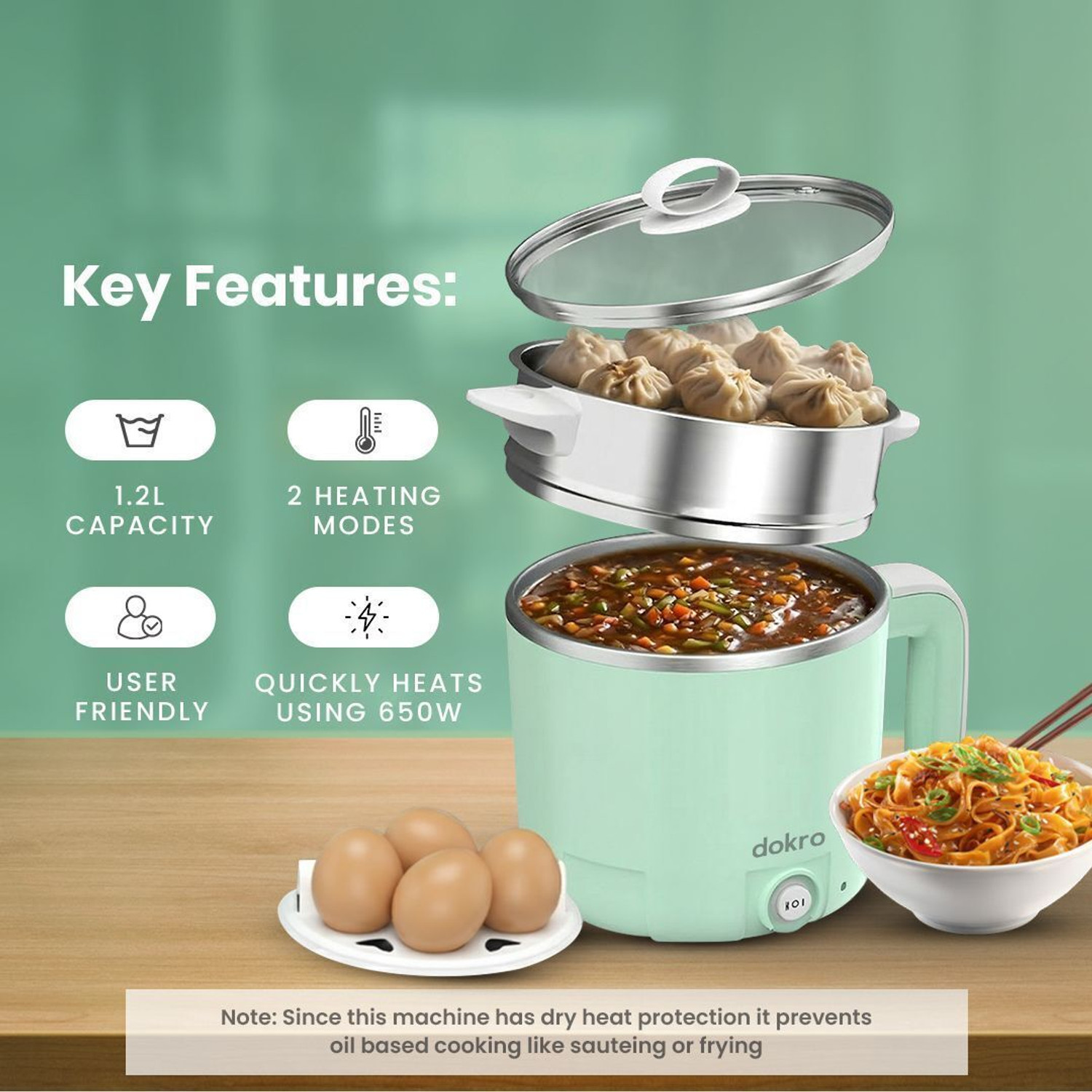 Image of dokro MultiCookPot MultiKettle with Dual Power Modes (325W & 650W) | SS304 Multi Cooker Electric Kettle