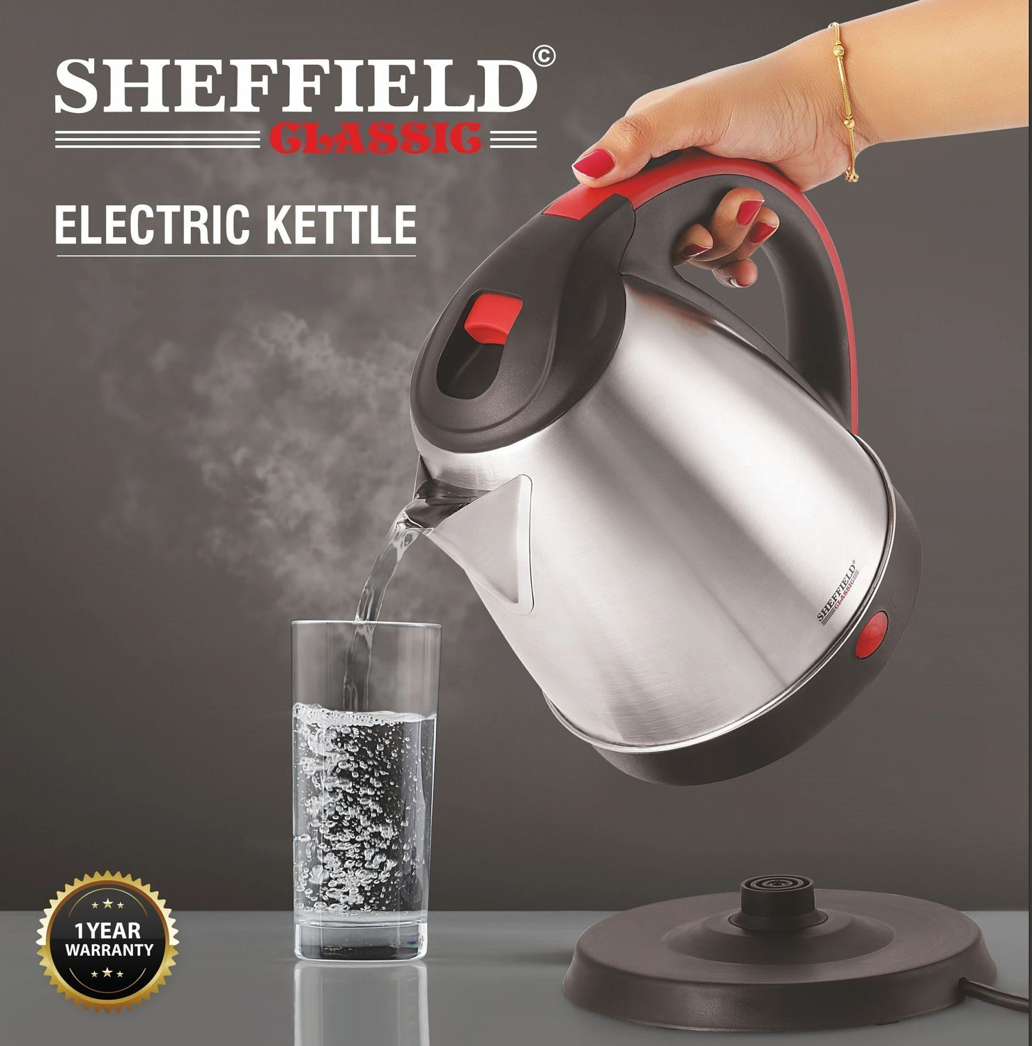 Image of Sheffield Classic Electric Kettle Stainless steel, 1.5 L Capacity Electric Kettle (1.5 L, Silver, Red)