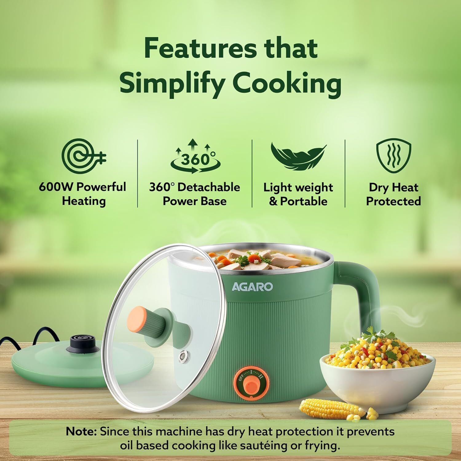 Image of AGARO Regency Multi Cook Kettle With Steamer, Double Layered Body, green Multi Cooker Electric Kettle