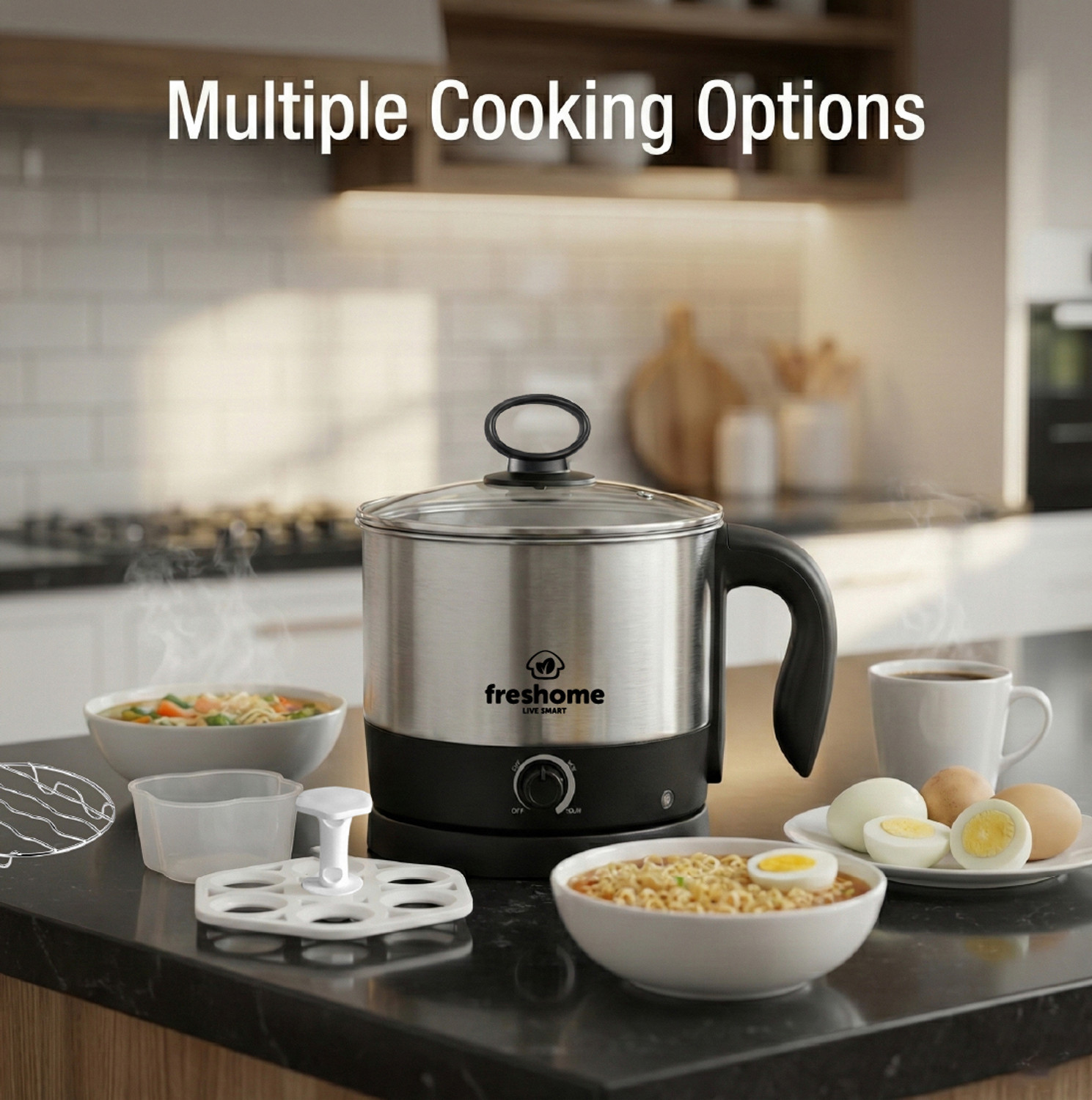 Image of Freshome 1.2L Stainless Steel Multi Electric Kettle 600W for Noodles, Soup & Eggs Multi Cooker Electric Kettle