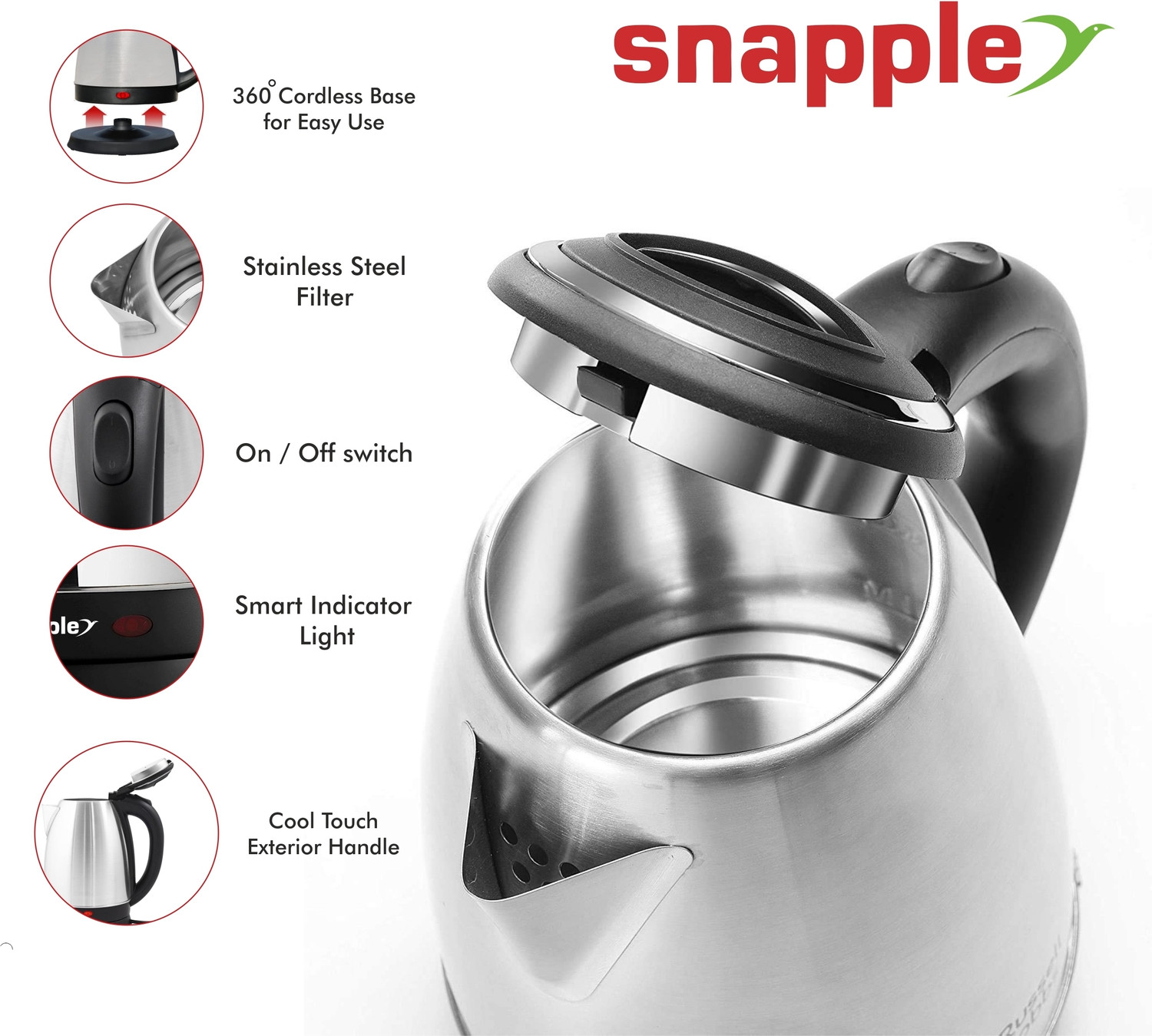 Image of Snapple Electric Kettle 1.5L & 500ml Vaccum Insulated Water Bottle Hot & Cold Gift Pack Beverage Maker