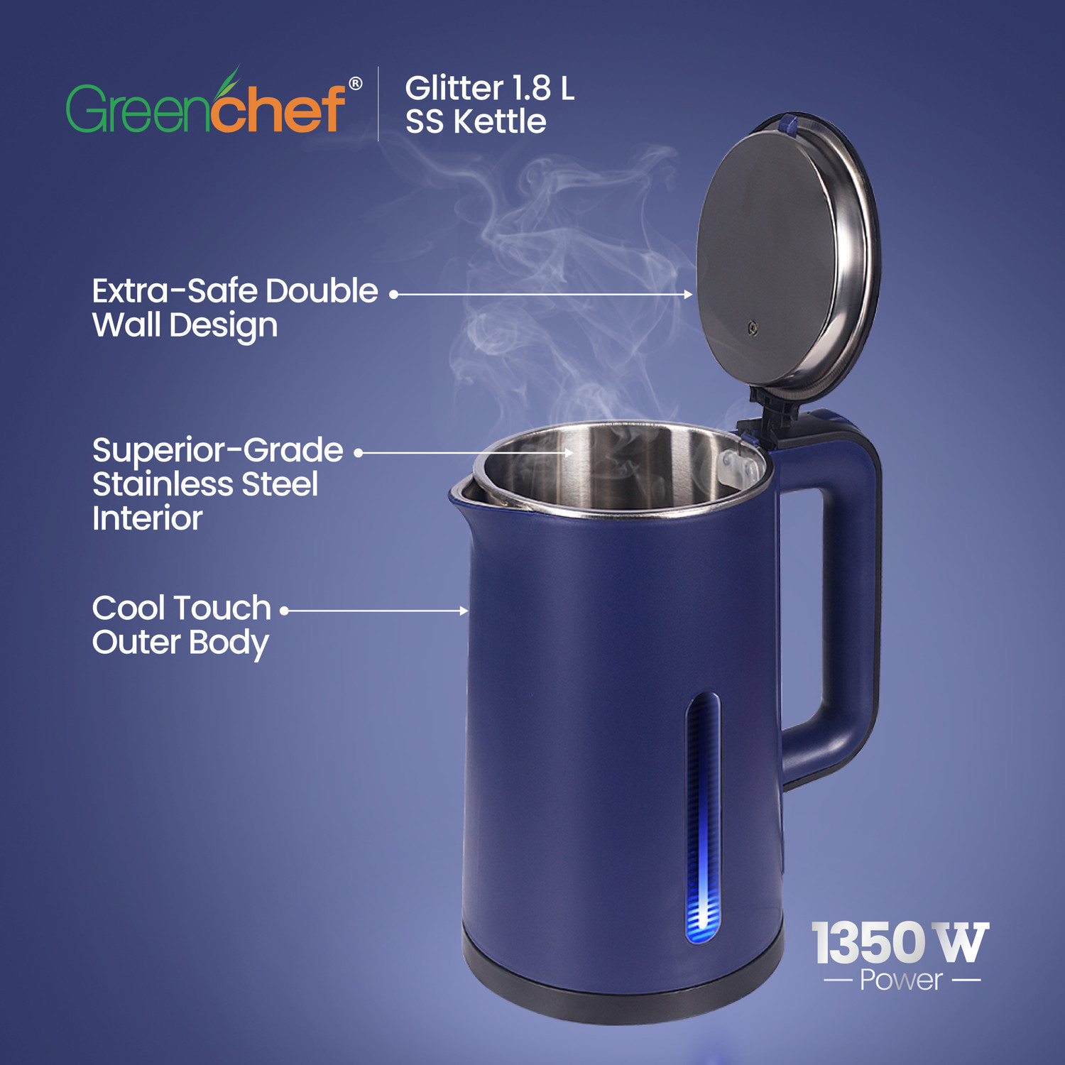 Image of Greenchef Glitter SS Electric Kettel | 1.8litre capacity | Blue color | cordless Electric Kettle