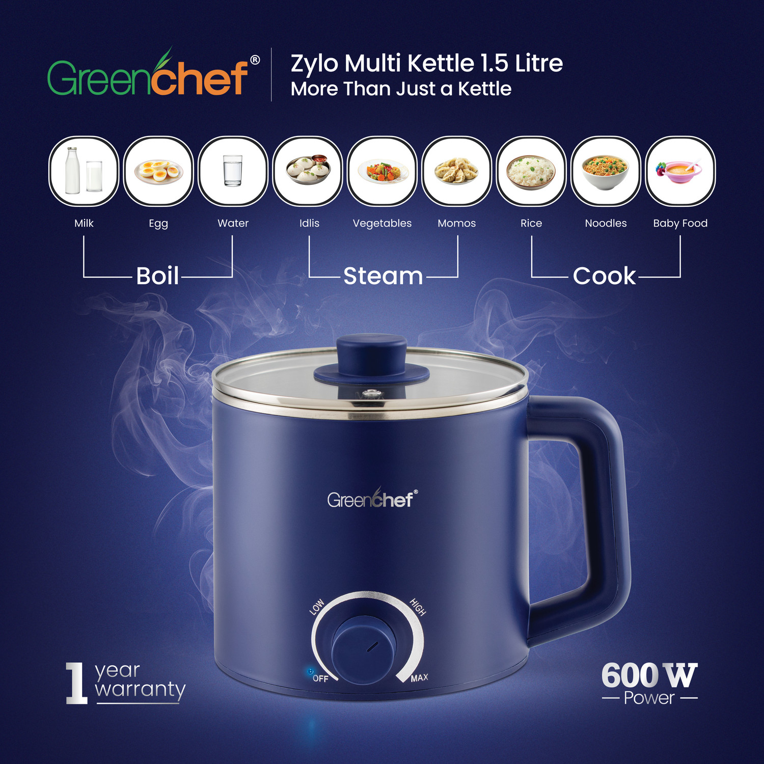 Image of Greenchef Multi Electric Kettle 1.5 Litre capacity Zylo 600Watts with 1year warranty Electric Kettle