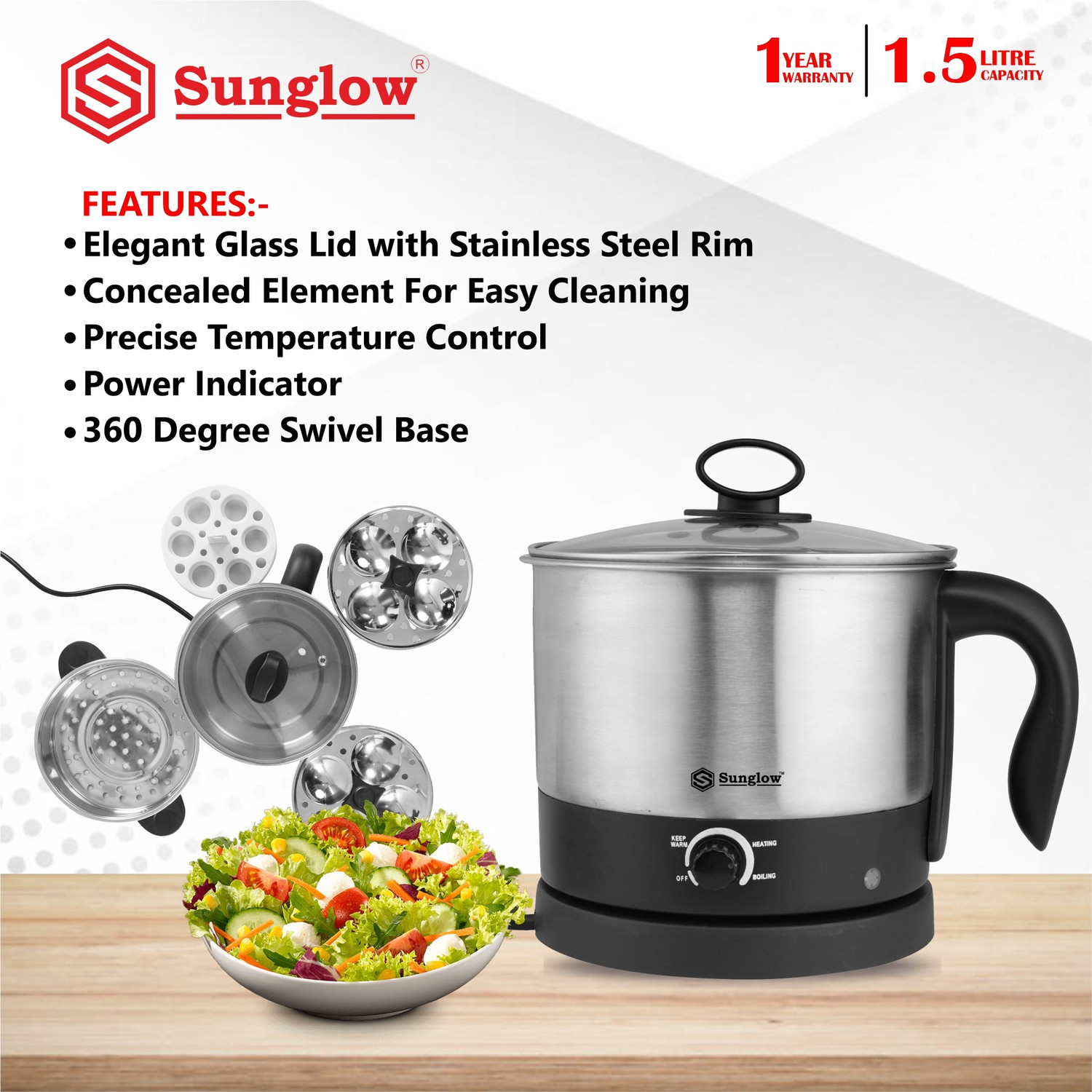 Image of SunGlow Travelo SRMK12L (Idli Stand, Egg Boiling Rack, Steamer) Multi Cooker Electric Kettle (1.5 L, Silver, Black)
