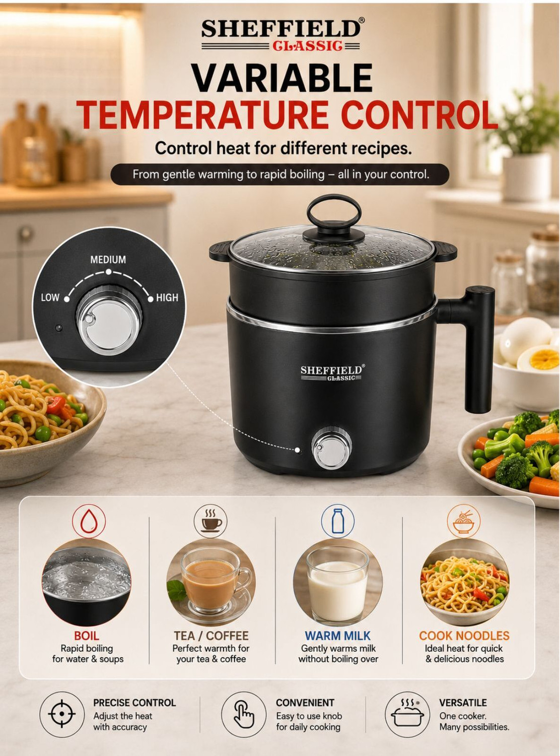 Image of Sheffield Classic Multipurpose Electric Kettle with Steamer, 600W Multi Cooker Electric Kettle