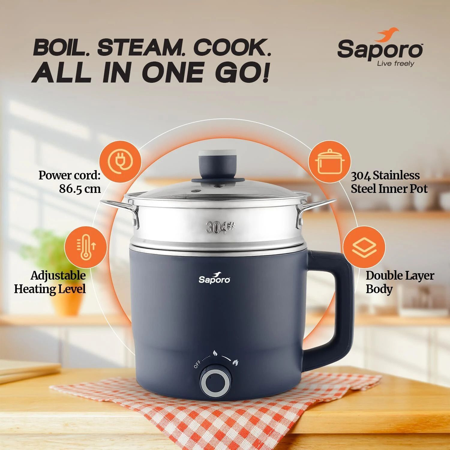 Image of SAPORO Flexicook Electric Multipurpose Kettle with Steamer - Double Layered Body - 600W Multi Cooker Electric Kettle
