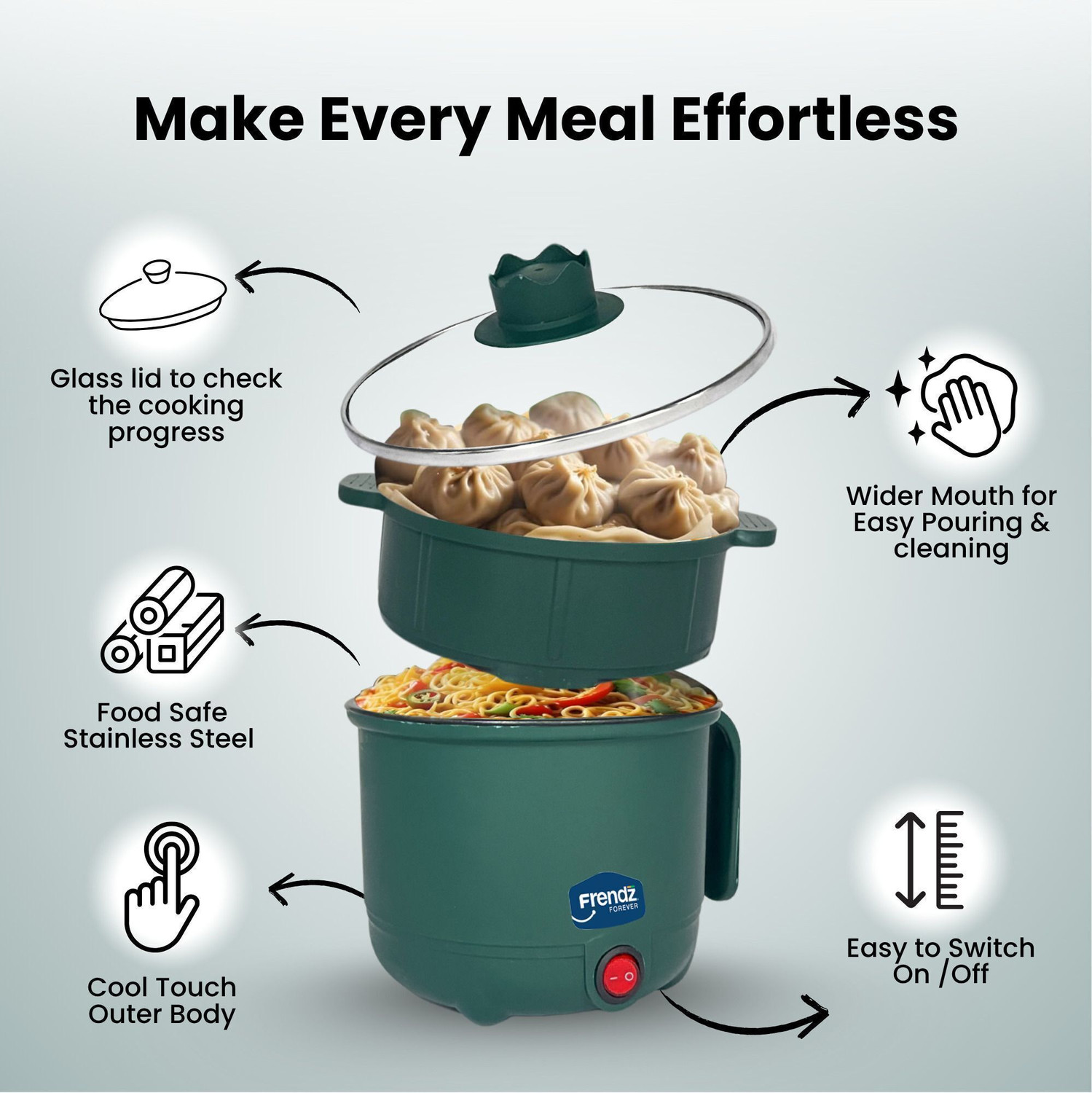 Image of Frendz Multi Kettle 1.2 L | with Steamer & Egg Tray Attachment | Egg, Tea, Noddles Multi Cooker Electric Kettle