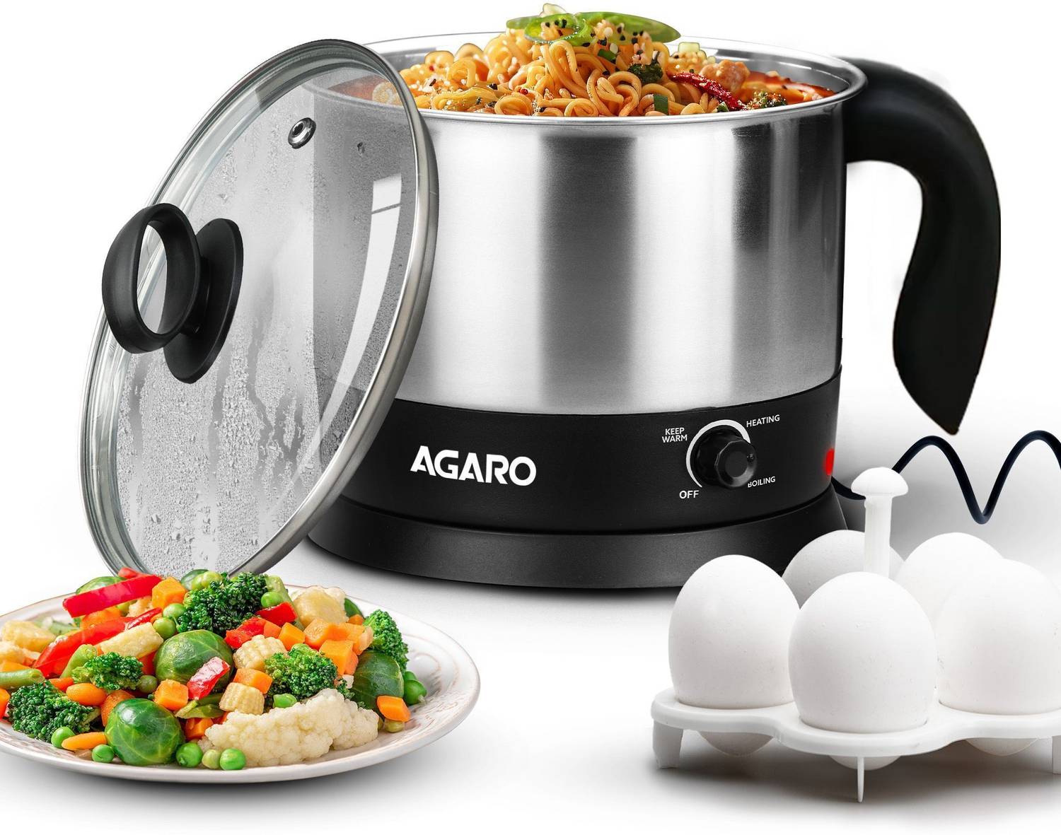 AGARO Esteem Multi Kettle, 600W, with Stainless Steel Body, Egg Rack, Grill Rack Electric Kettle