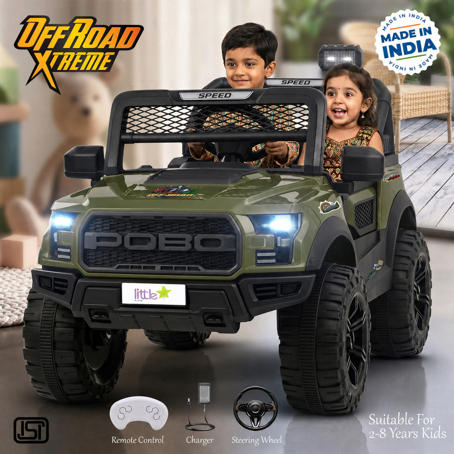 Image of Jammbo POBO Rechargeable(2-8Yrs) Kids Electric Jeep with Bluetooth,Music,Light & Remote Jeep Battery Operated Ride On
