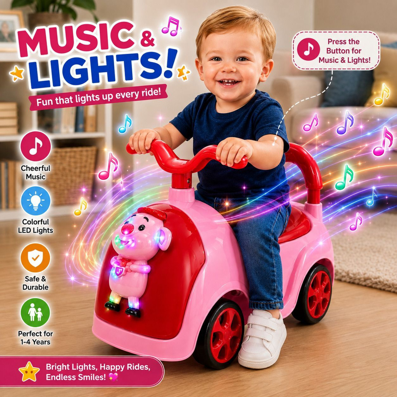 Image of Pandaoriginals Piggy Musical Car with Front Lights, Steering Drive,| 1-3 YRS