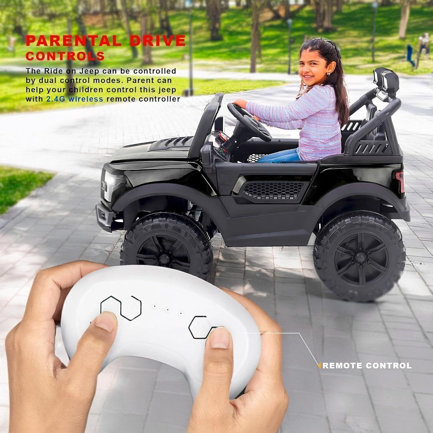 Image of LITTLE RIDES Kids 4 Motor Electric Battery Car With Baby Driving + Parents Remote To Control Jeep Battery Operated Ride On