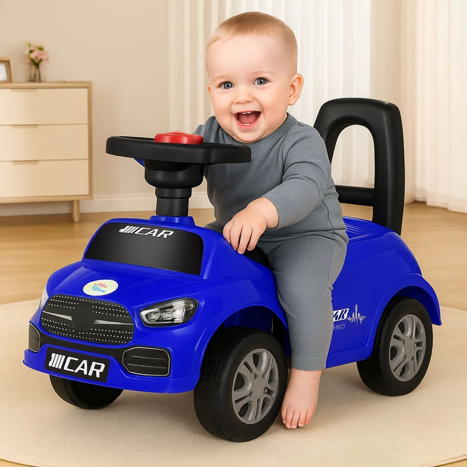 Image of Little Olive Mini Car For Kids upto 6months - 2years Rideons & Wagons Non Battery Operated Ride On (Dark Blue, Silver)