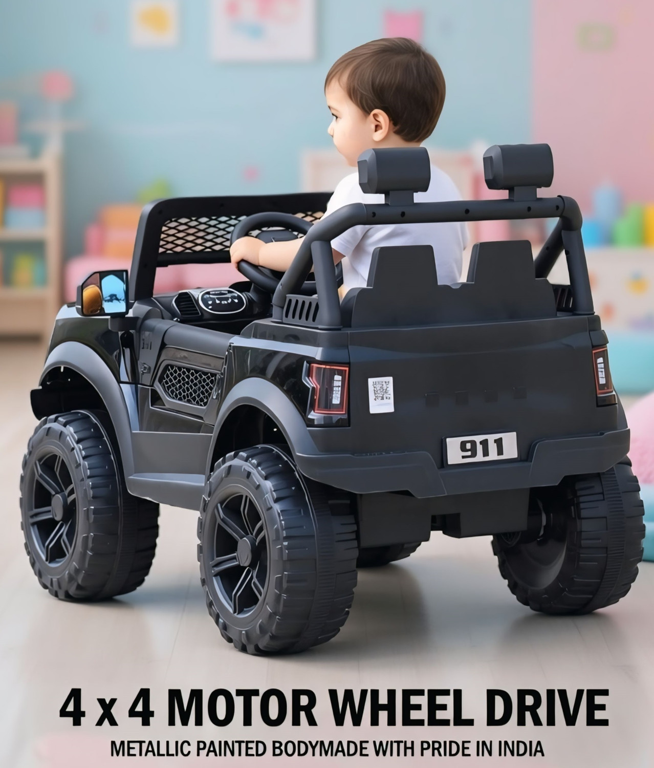 Image of oh baby POBO BLACK 4 Motors 4x4 (1-8Yrs) Driving Car - Remote, Mobile App + Manual Drive Jeep Battery Operated Ride On