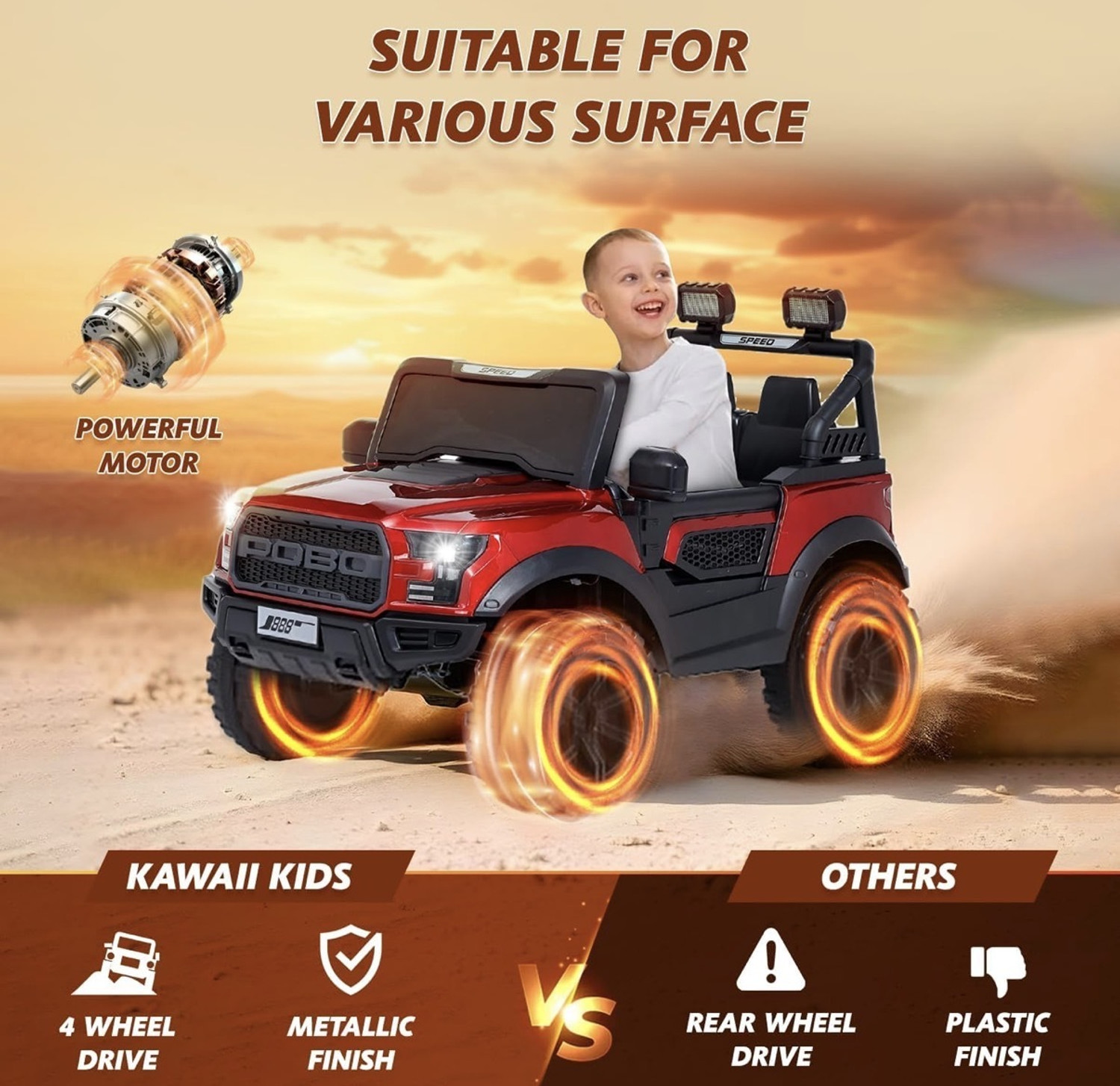 Image of CLAYBORN 4X4 POBO Maroon Electric Ride On Jeep for Kids, 12V Battery Operated Car 1-8 Yrs Jeep Battery Operated Ride On (Maroon, Black)