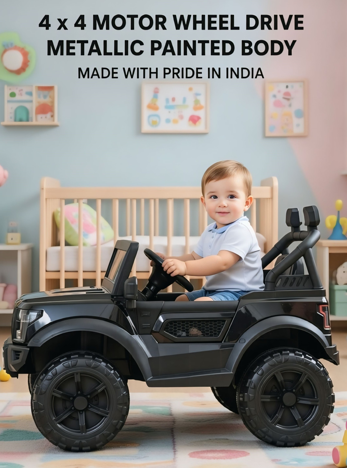 Image of oh baby POBO BLACK 4 Motors 4x4 (1-8Yrs) Driving Car - Remote, Mobile App + Manual Drive Jeep Battery Operated Ride On