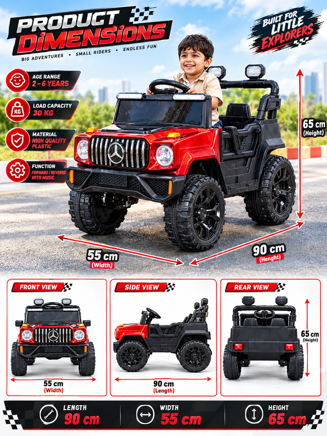 Image of oh baby BH-80, 4x4 Motors Car for Kids with Music, RGB Lights (1-6 Yrs) Kids Jeep Battery Operated Ride On (Black)