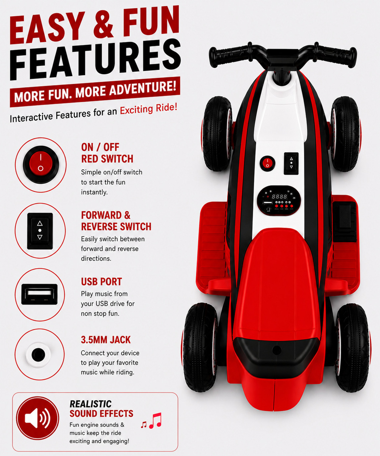 Image of Miss & Chief Zoom Car ATV, Battery operated with light & music,MP3 player, bluetooth & USB Car Battery Operated Ride On