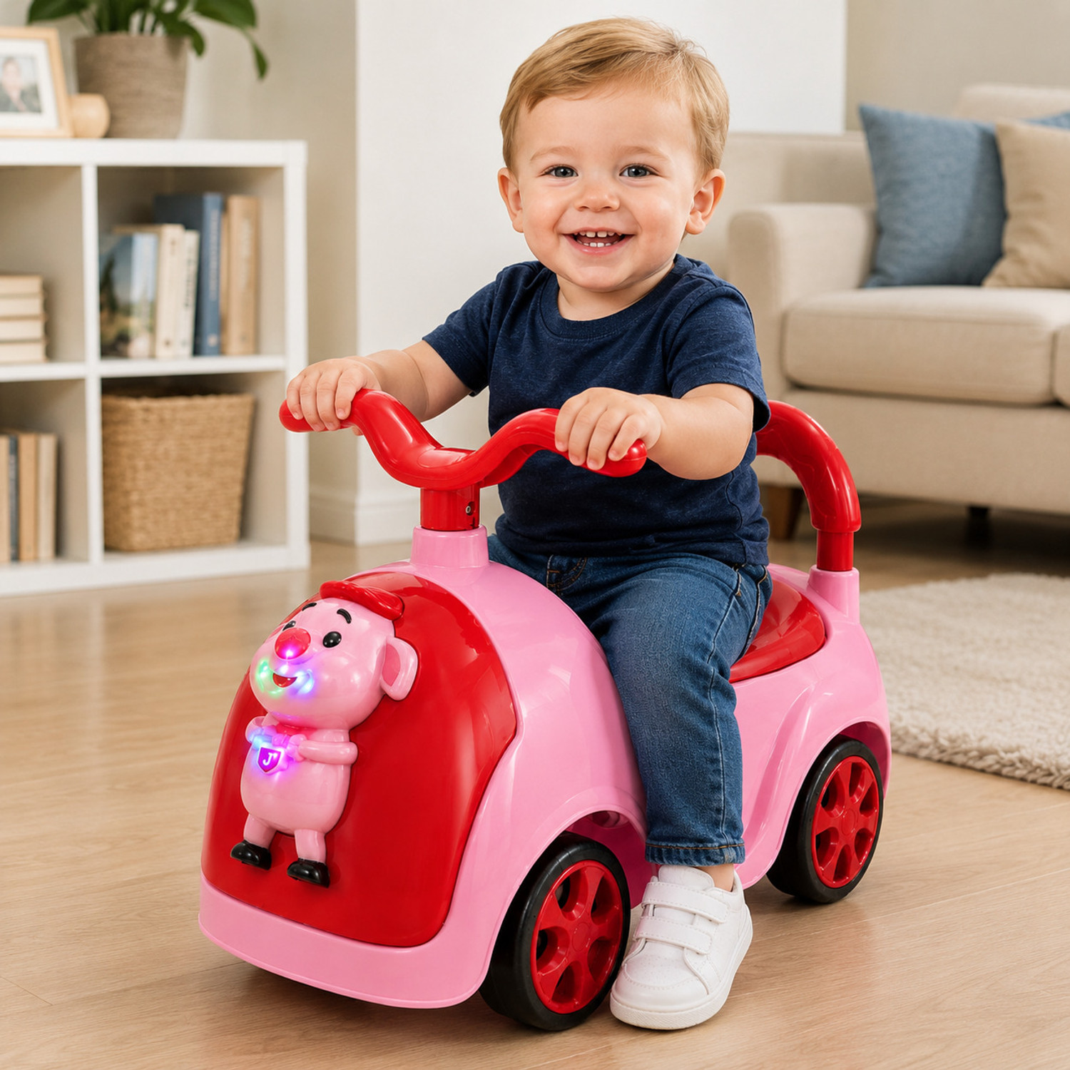Image of Pandaoriginals Piggy Musical Car with Front Lights, Steering Drive,| 1-3 YRS
