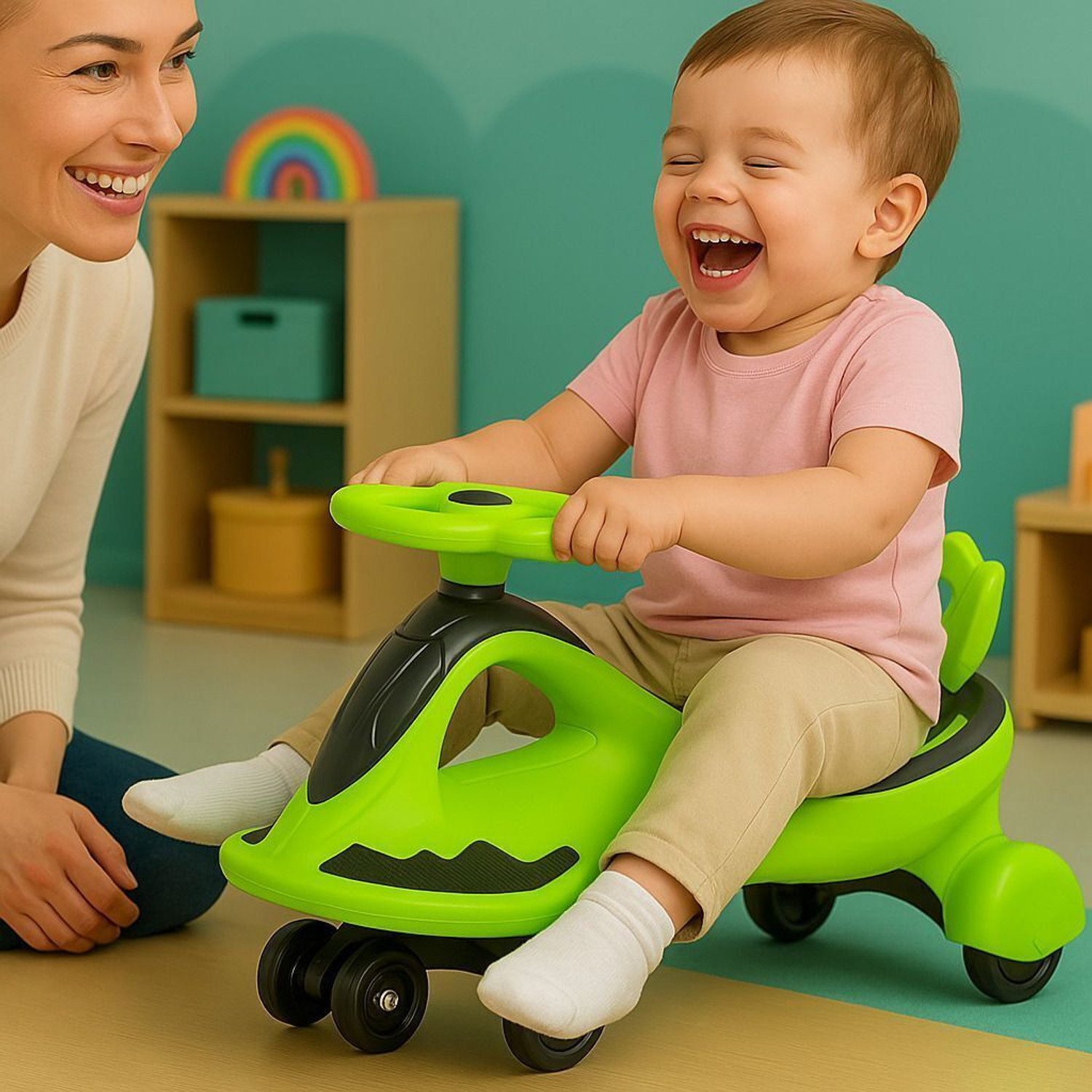 Image of URBANTOTS Swing Car Ride-On | Baby Push & Twist Car with Safety Backrest, Premium Green Car Non Battery Operated Ride On