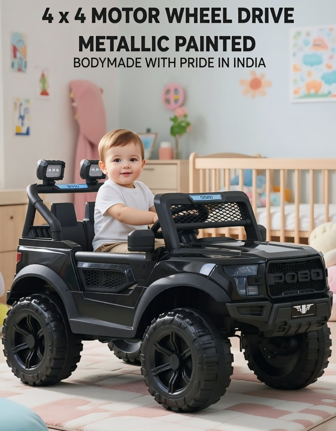 Image of oh baby POBO BLACK 4 Motors 4x4 (1-8Yrs) Driving Car - Remote, Mobile App + Manual Drive Jeep Battery Operated Ride On