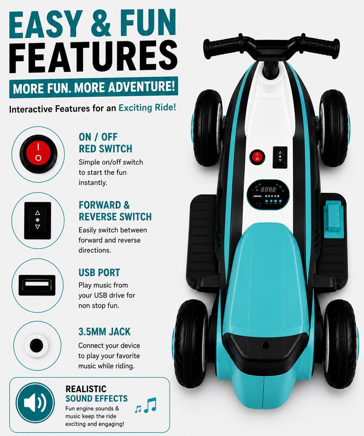 Image of Miss & Chief Zoom Car ATV, Battery operated with light & music,MP3 player, bluetooth & USB Car Battery Operated Ride On