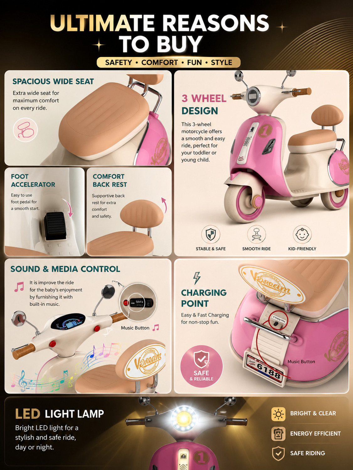 Image of LAYVJO kids electric scooter with remote sound and music Scooter Battery Operated Ride On (Pink)