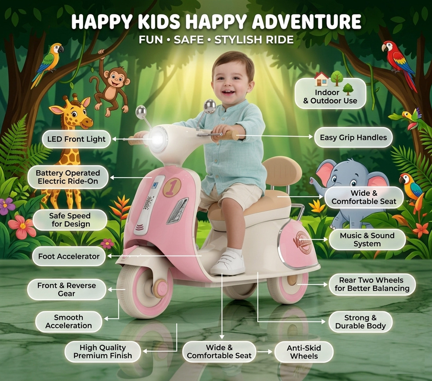 Image of LAYVJO kids electric scooter with remote sound and music Scooter Battery Operated Ride On (Pink)