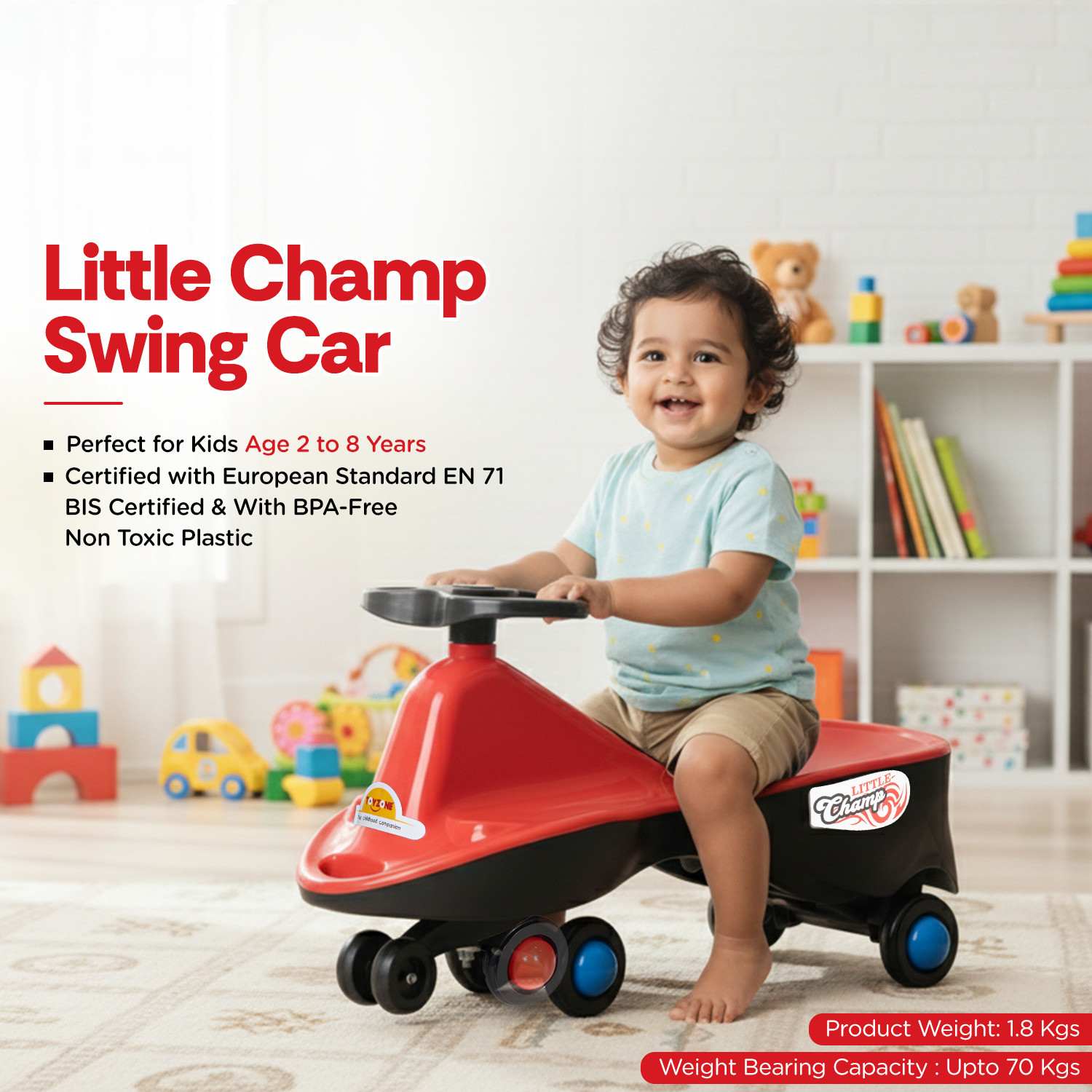 Image of kidznation KIDZNATION Little Champ Swing Car Red | Magic Ride-On Car for Kids 97877F Tricycle