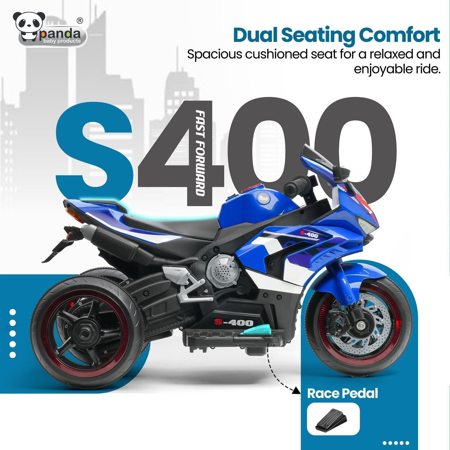 Image of PANDA BABY PRODUCTS S400 6W Ride-On Bike for Kids with Dual Seating, Pedal & Bluetooth Music Bike Battery Operated Ride On