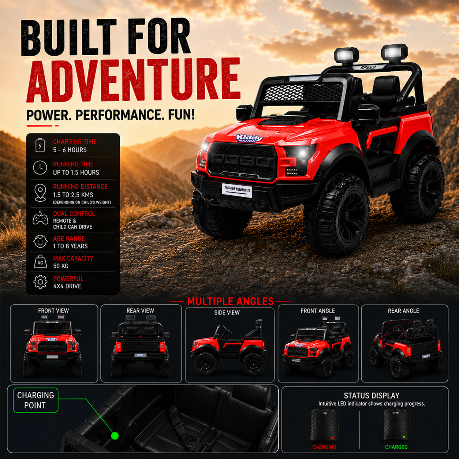 Image of Kiddy Nation POBO Rechargeable 12V Jeep Car for Kids with Music, Lights & BT | 2 Driving Mode Jeep Battery Operated Ride On