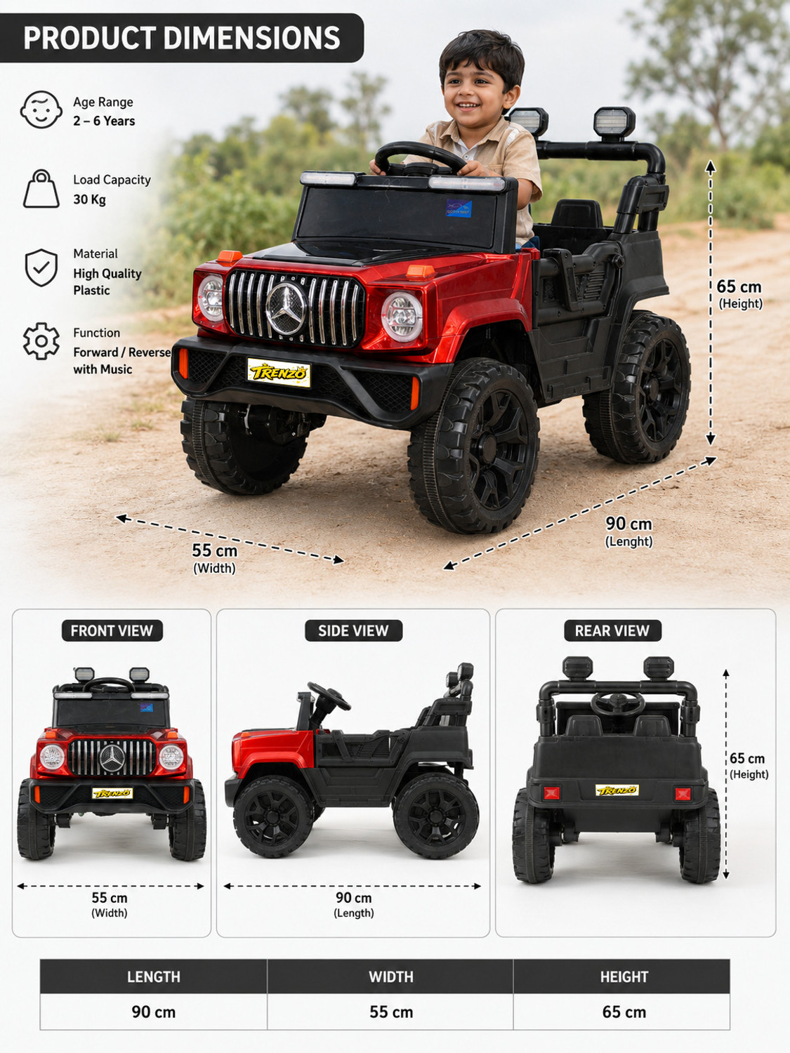 Image of Trenzo Kids electric jeep 4x4 Motors Car for Kids with Music, RGB Lights (1-6 Yrs) Kids Jeep Battery Operated Ride On