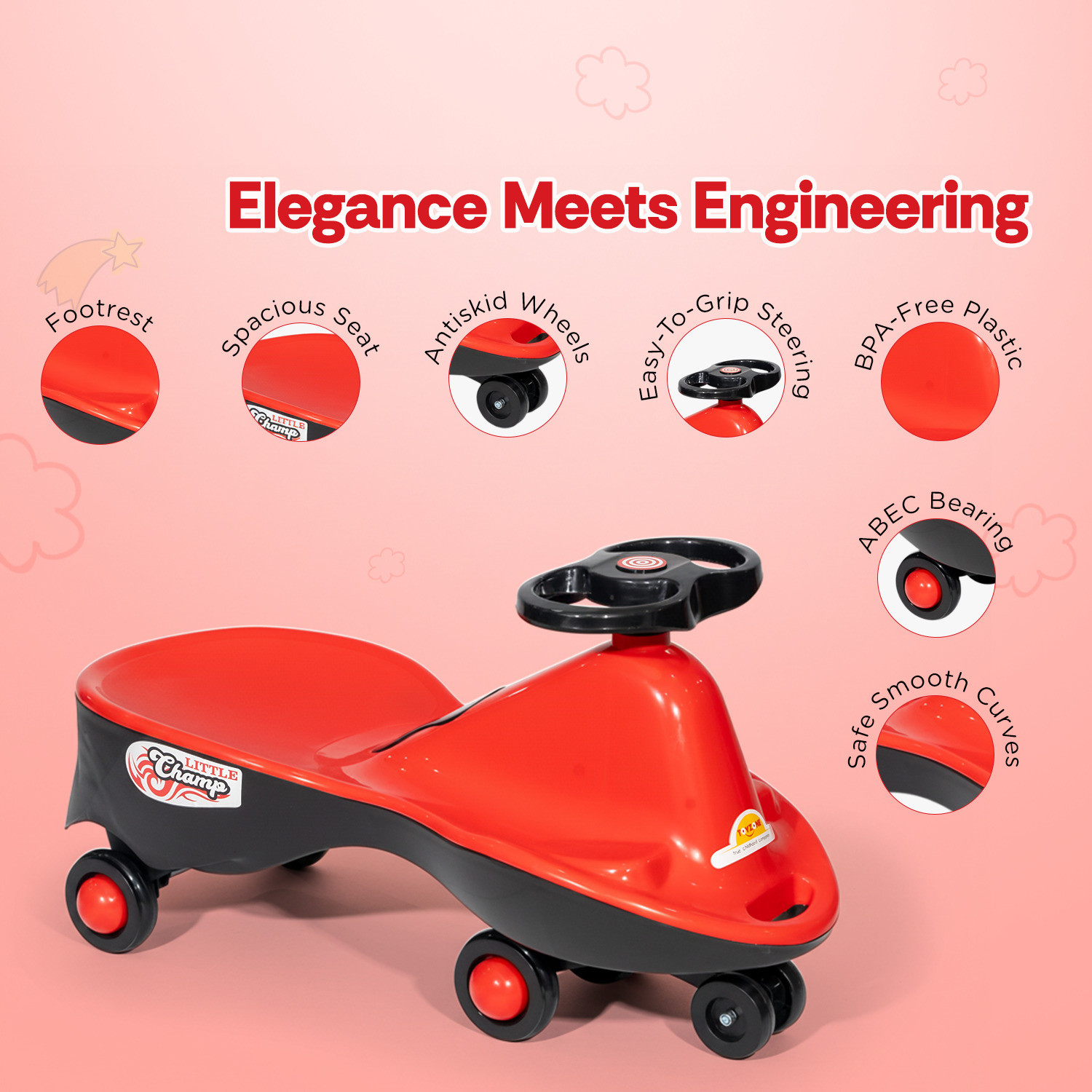 Image of kidznation KIDZNATION Little Champ Swing Car Red | Magic Ride-On Car for Kids 97877F Tricycle