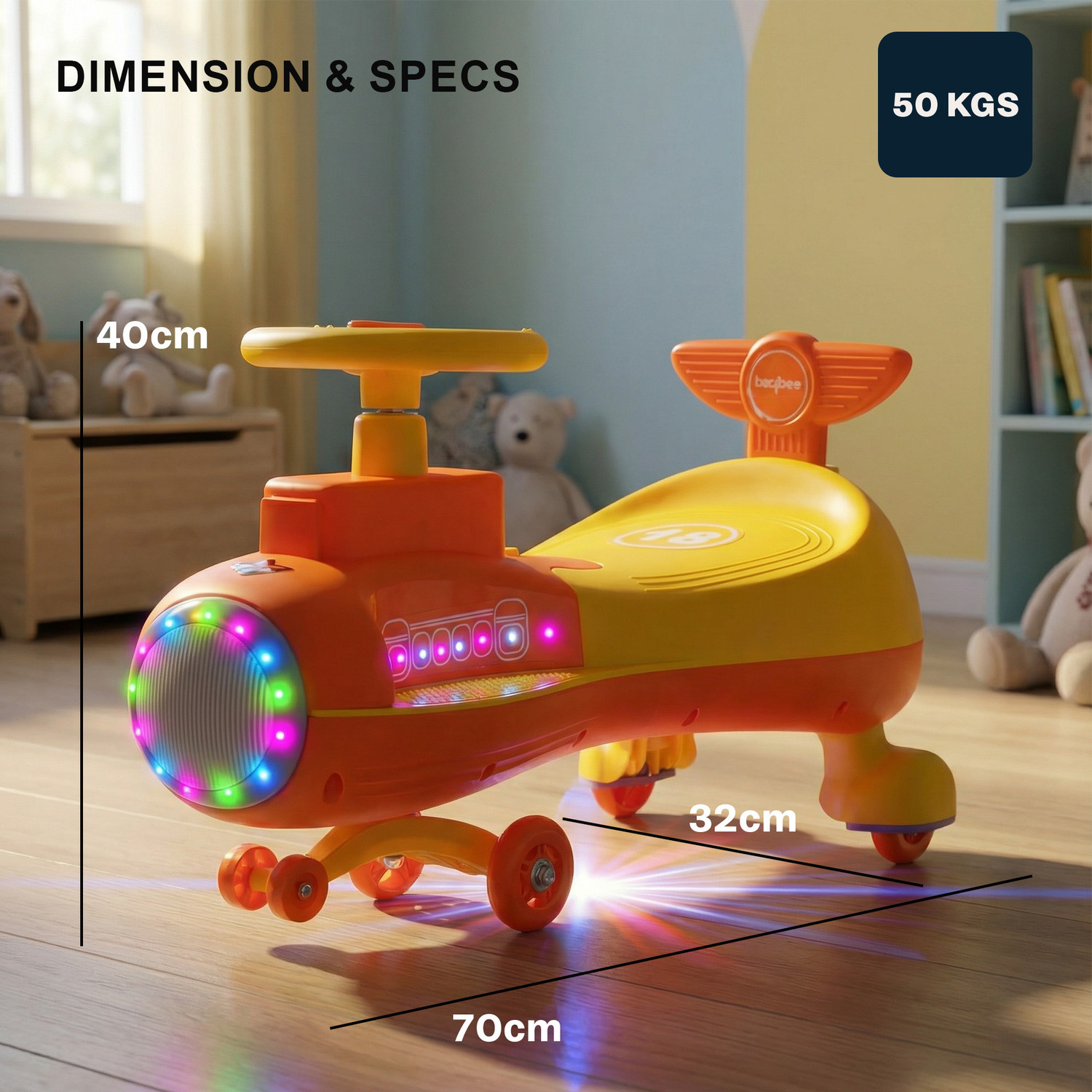 Image of baybee Zygo Magic Swing Car for Kids Push Ride on Toy Baby Car with RGB Lights & Music Rideons & Wagons Non Battery Operated Ride On