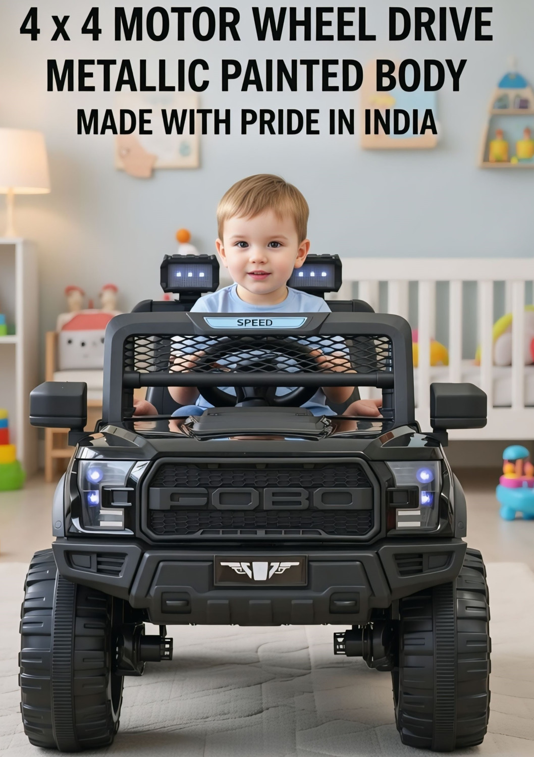 Image of oh baby POBO BLACK 4 Motors 4x4 (1-8Yrs) Driving Car - Remote, Mobile App + Manual Drive Jeep Battery Operated Ride On