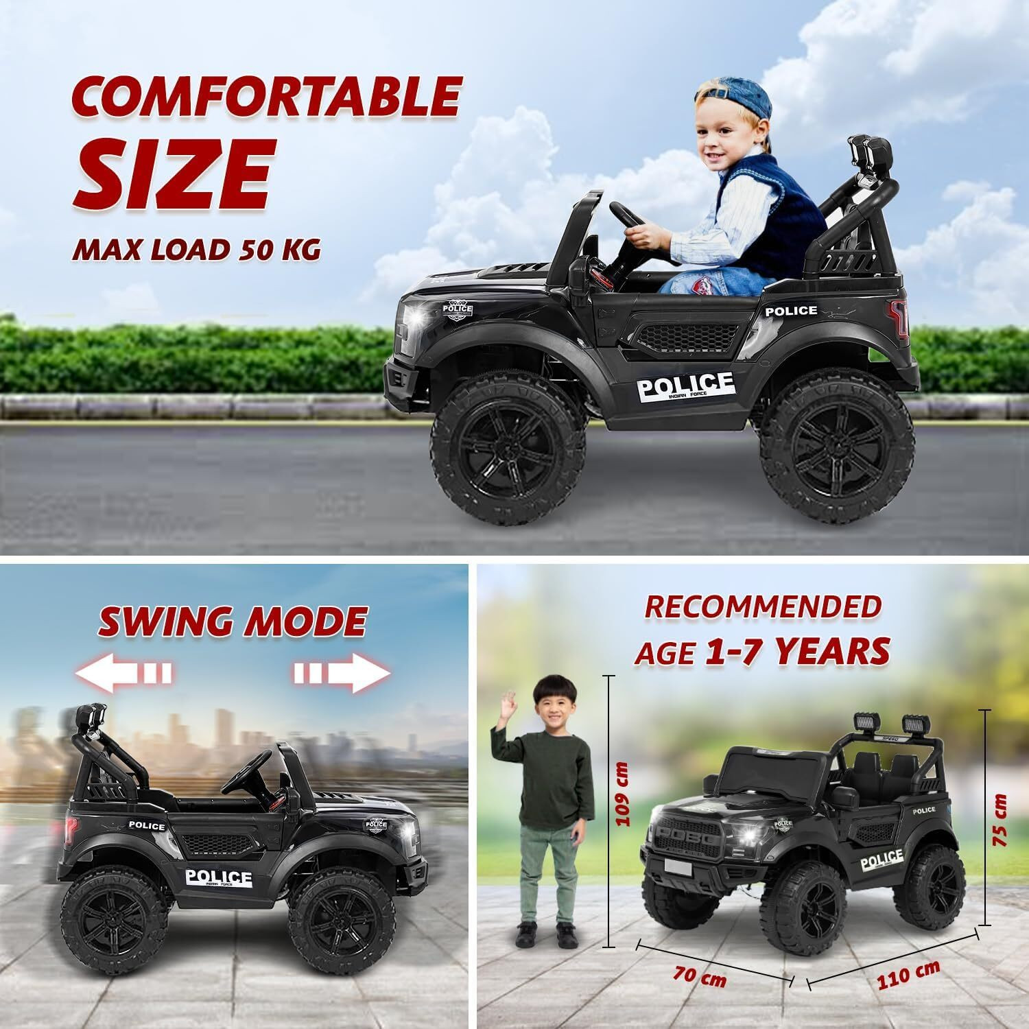 Image of CLAYBORN 4X4 POBO Black Electric Ride On Jeep for Kids, 12V Battery Operated Car 1-8 Yrs Jeep Battery Operated Ride On