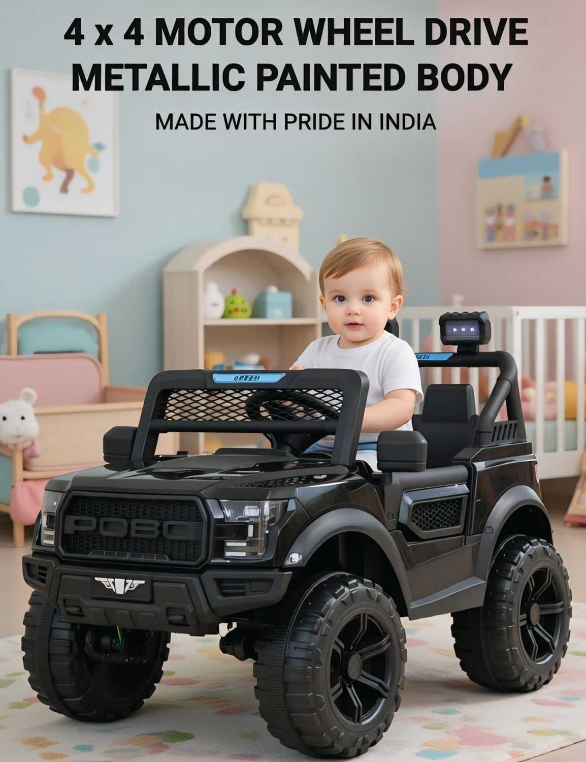 Image of oh baby POBO BLACK 4 Motors 4x4 (1-8Yrs) Driving Car - Remote, Mobile App + Manual Drive Jeep Battery Operated Ride On