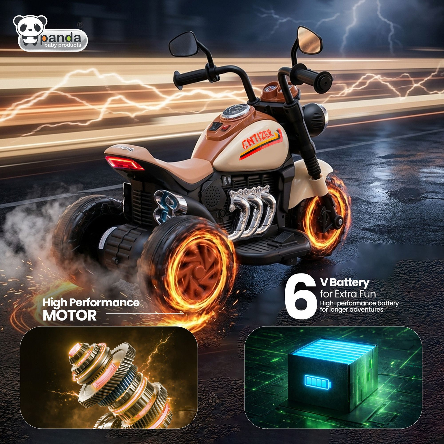 Image of PANDA BABY PRODUCTS Electric Ride-On Bike for Kids - Sport Edition with LED Lights & Training Wheels Bike Battery Operated Ride On