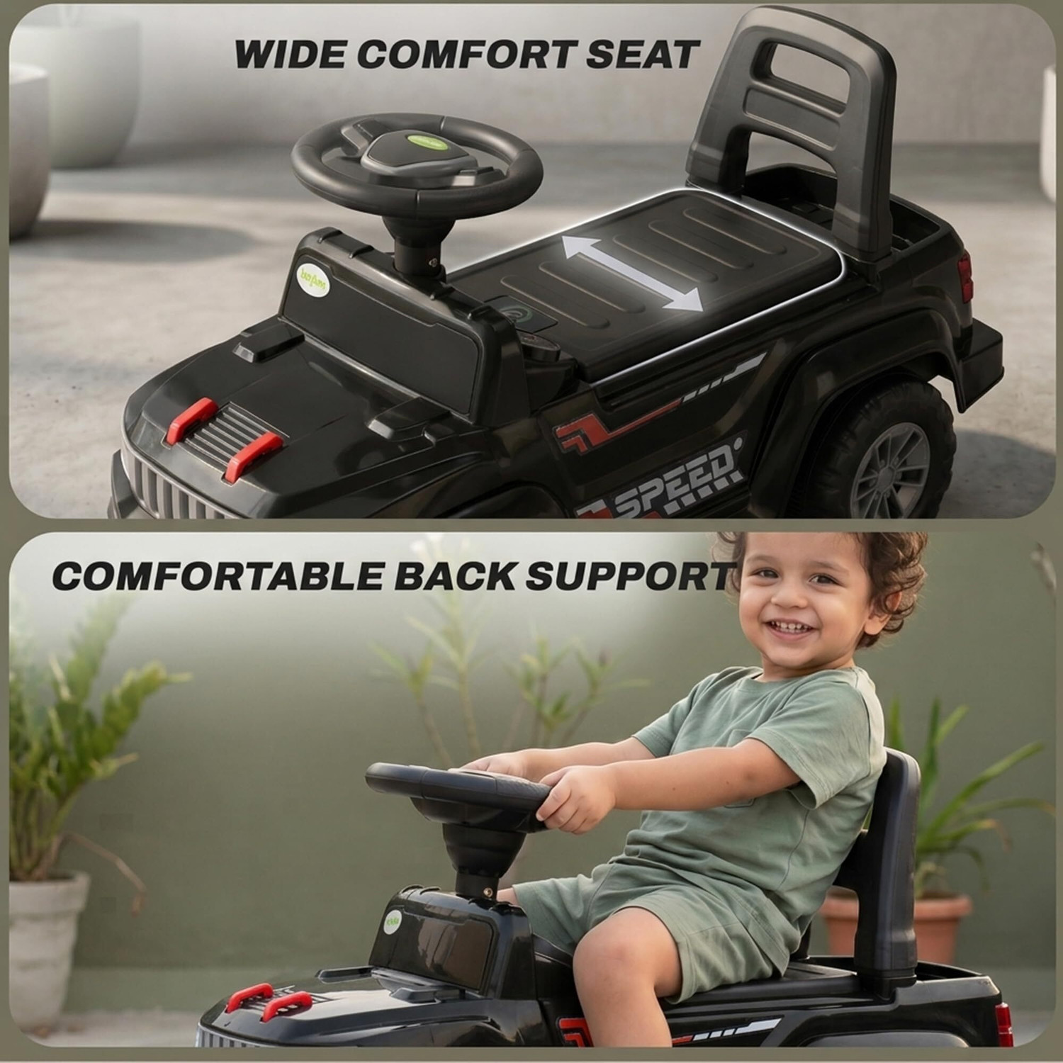 Image of baybee Baby Ride on Car for Kids, Push Ride on Jeep with Music, LED Light & Backrest Rideons & Wagons Non Battery Operated Ride On