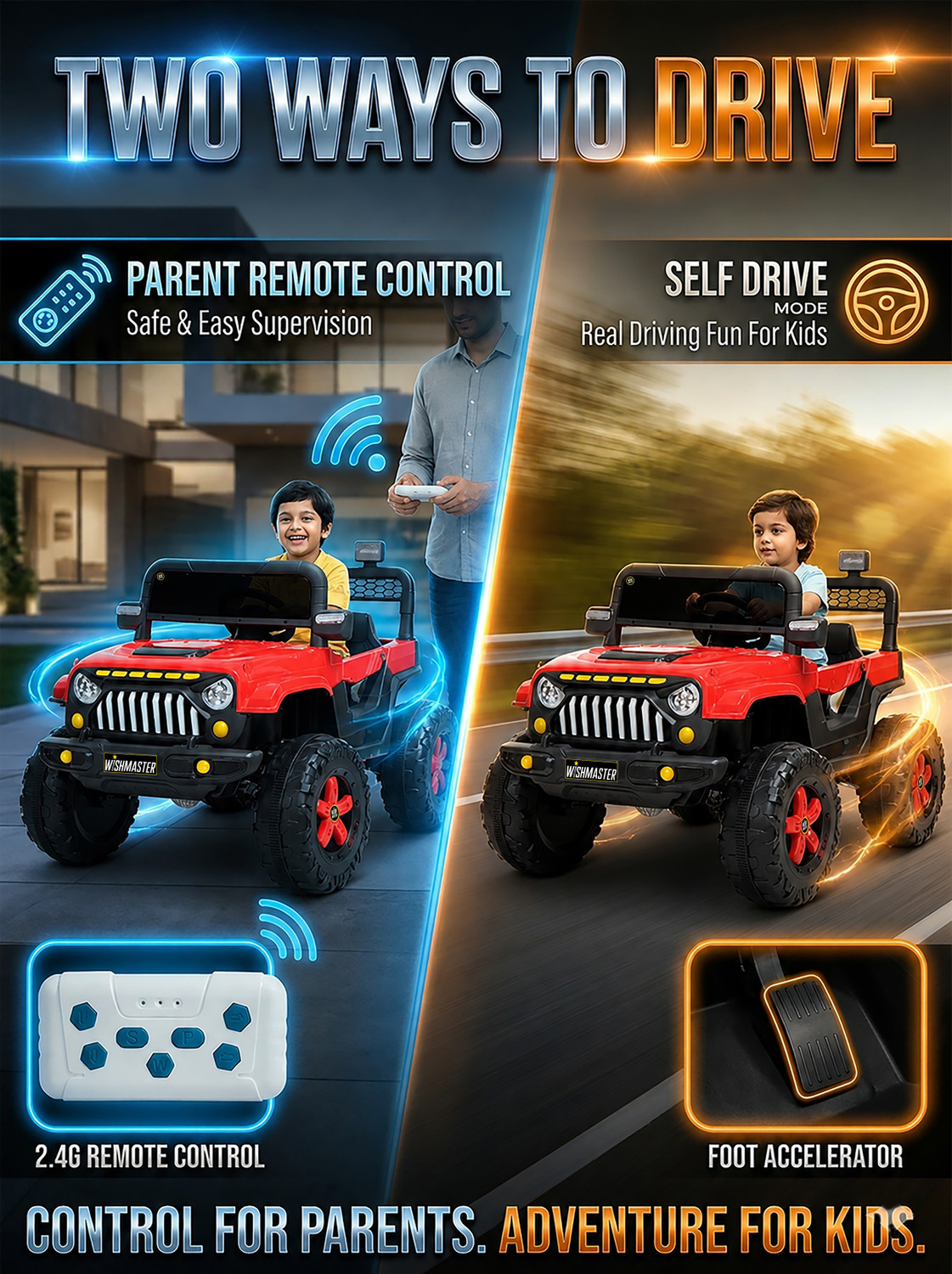 Image of Wishmaster Child Battery Jeep Car (1-6 Years, Remote + Manual Drive) Jeep Battery Operated Ride On