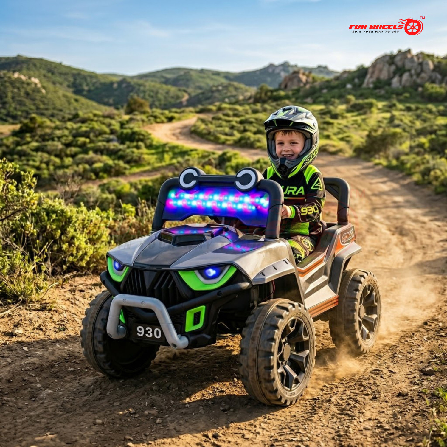Image of FUN WHEELS FWJ-13 KUT Kids Electric Ride-On Car, LED Lights, Off-Road Wheels Jeep Battery Operated Ride On