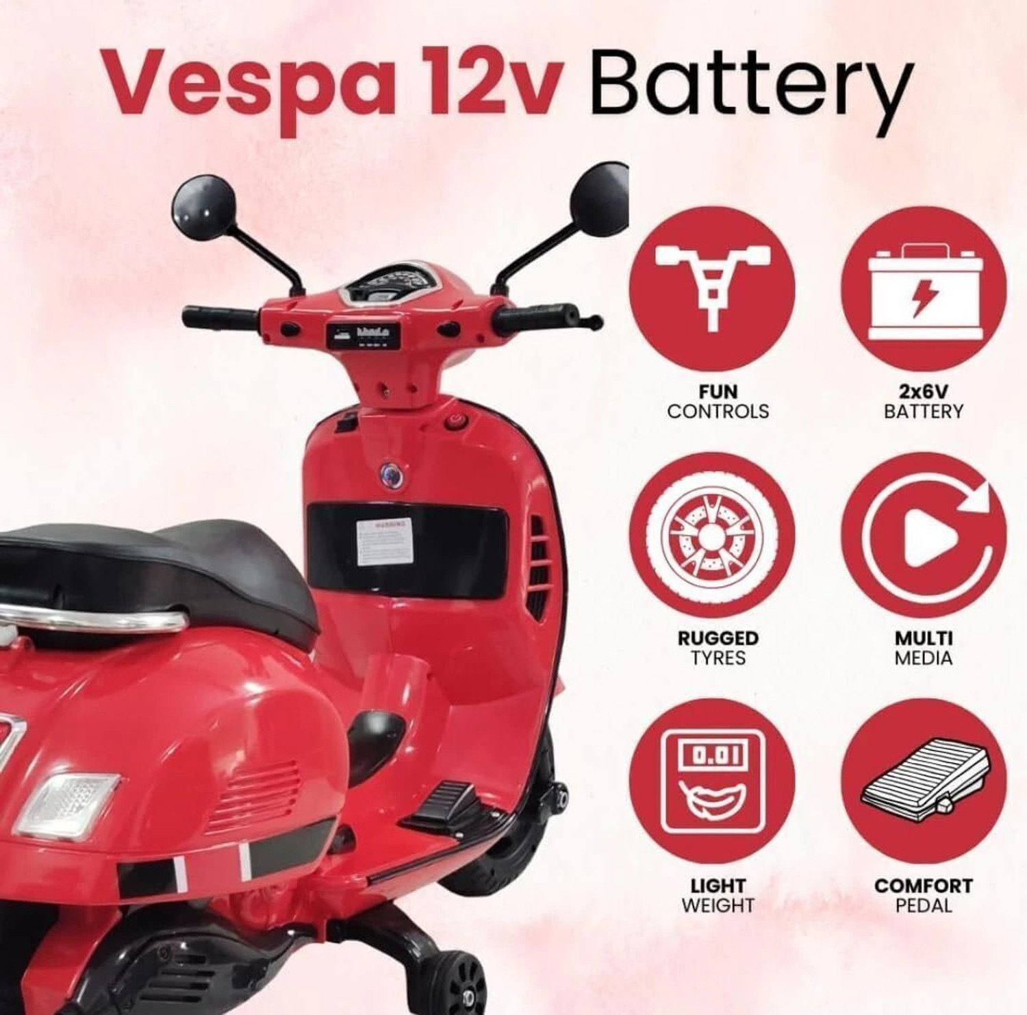 Image of Ayaan Toys Vespa 12v Battery Operated Rechargeable Ride On Scooter with Foot Accelerator Scooter Battery Operated Ride On