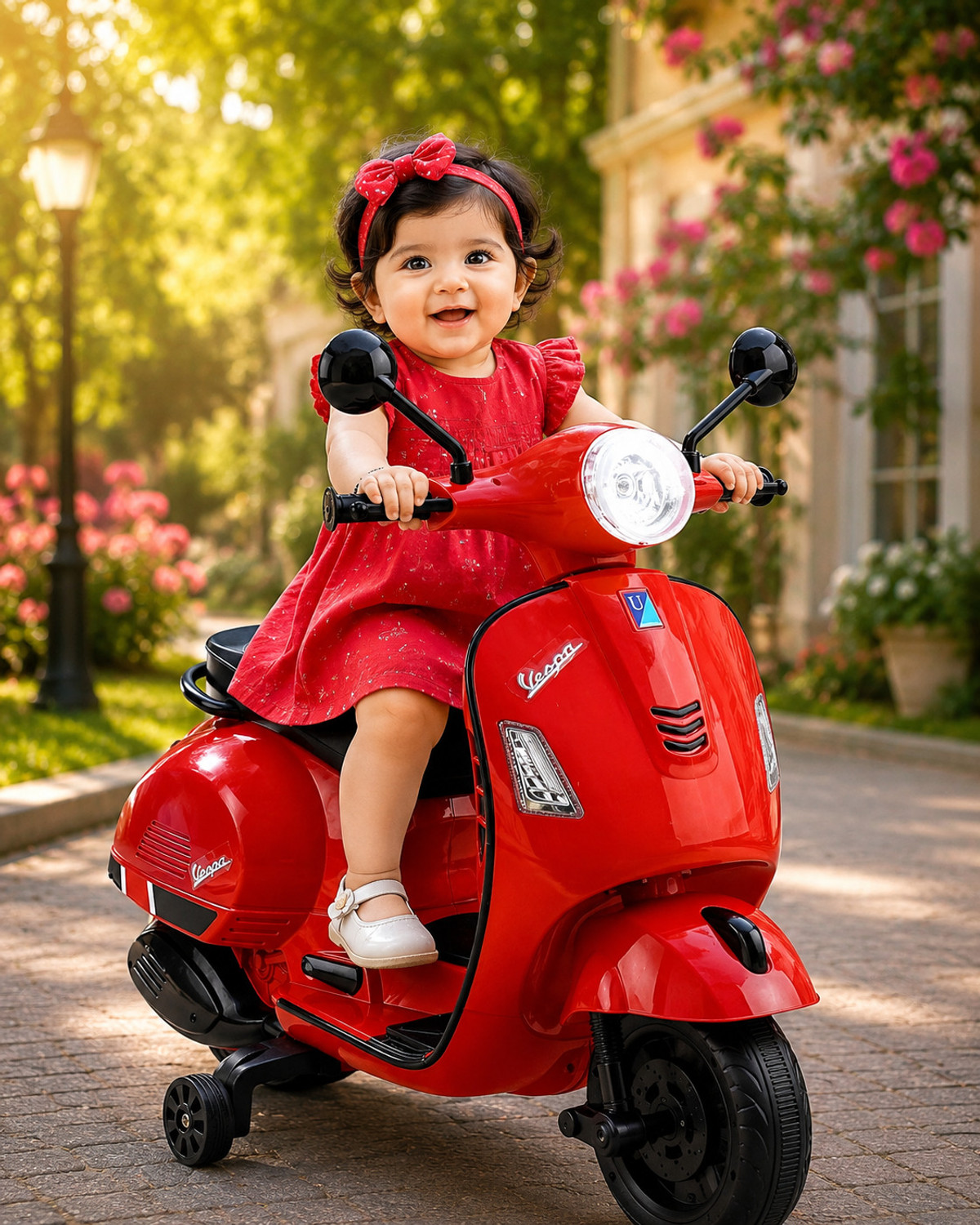 Image of Little Love Vespa Style Kids Electric Ride On Scooter for Boys Girls with Music LED Light Scooter Battery Operated Ride On