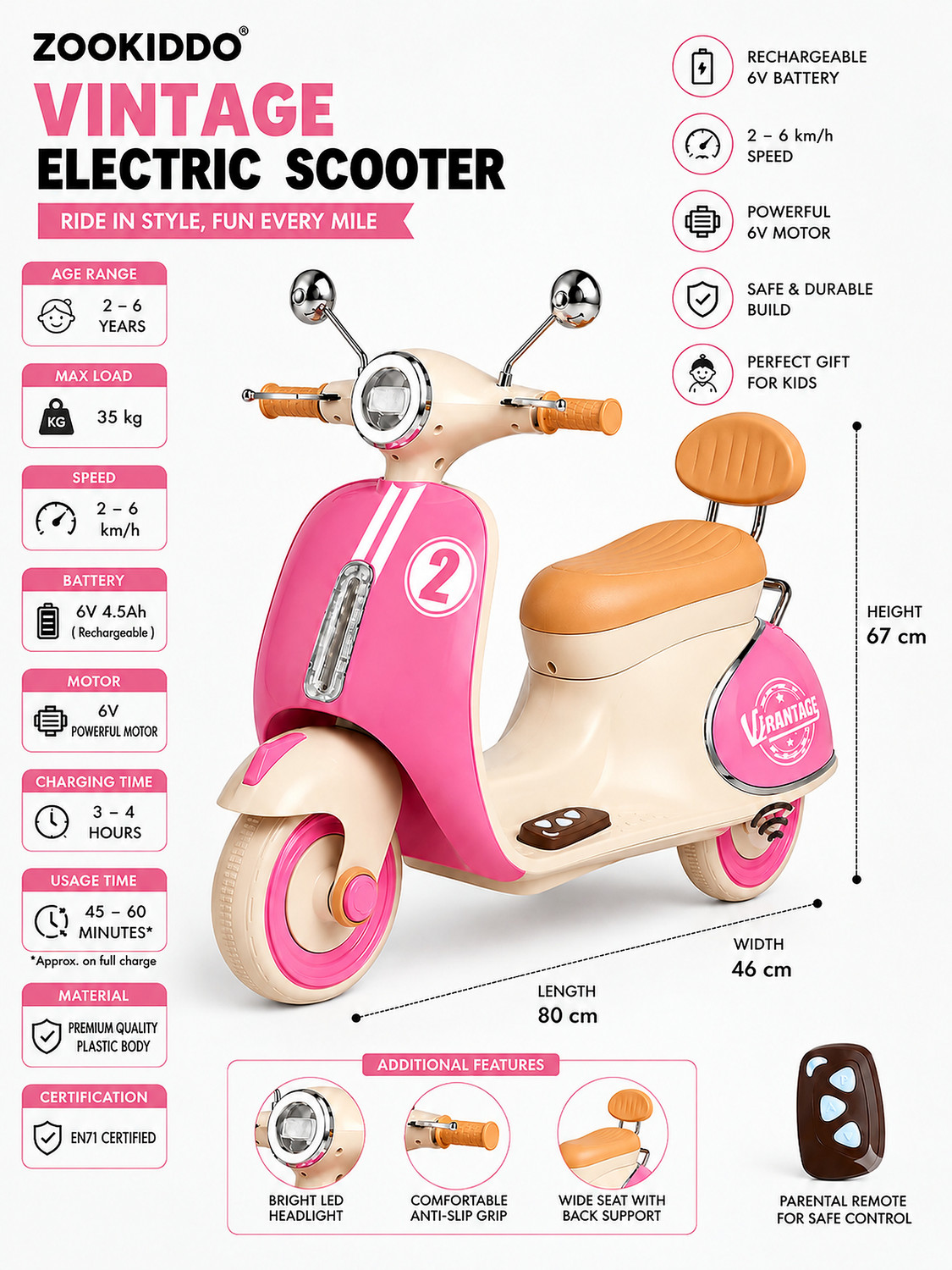 Image of ZOOKIDDO ZK-6188 Scooter Battery Operated Ride On (Pink)