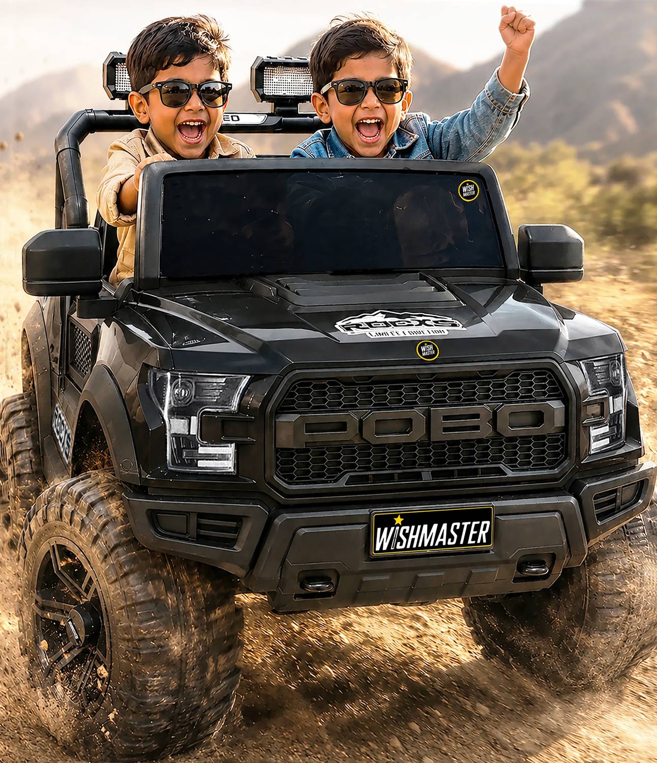 Wishmaster 4x4 Pobo Driving Car With Remote , Mobile App + Manual Drive Car Jeep Battery Operated Ride On