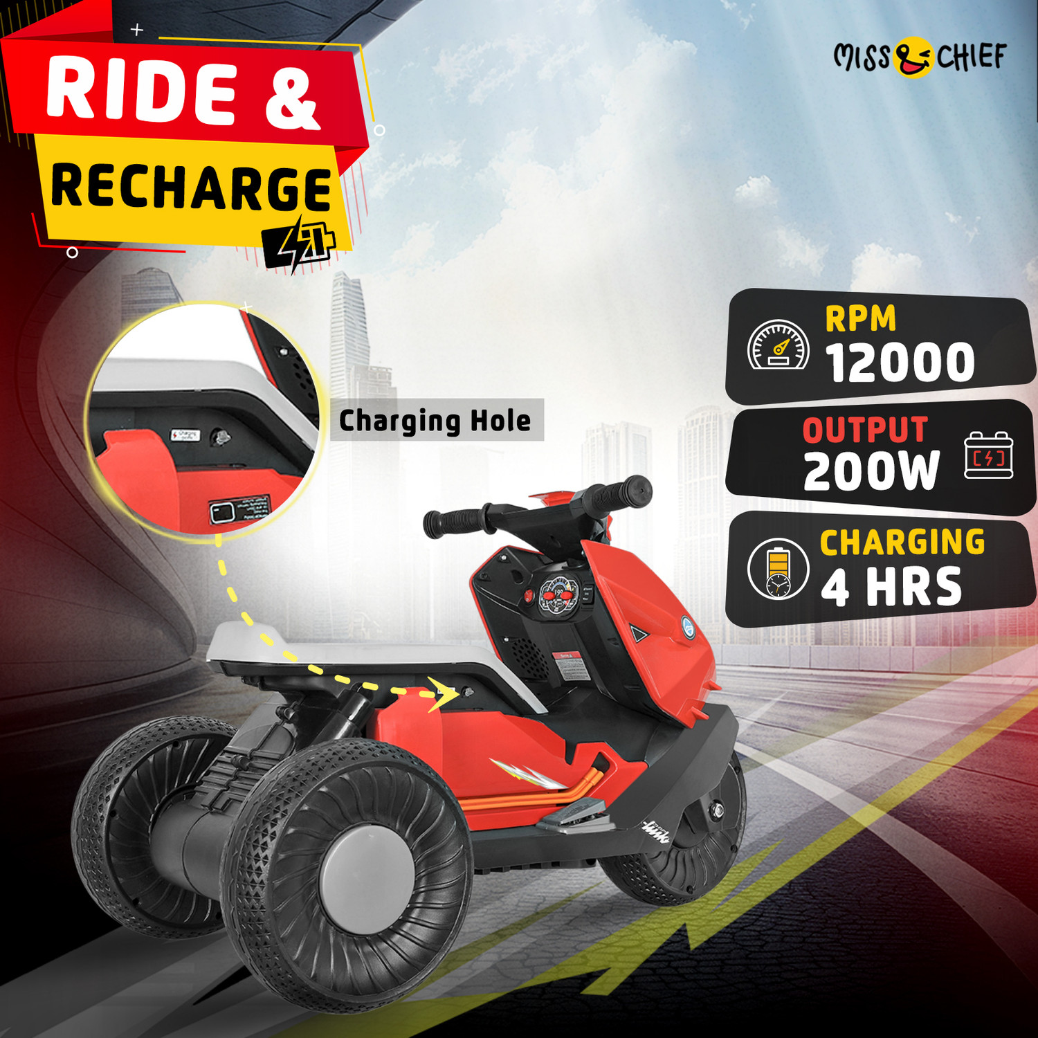 Image of Miss & Chief Thunder Ride-on with Lights & Music, Battery Operated, Electric Superbike Bike Battery Operated Ride On
