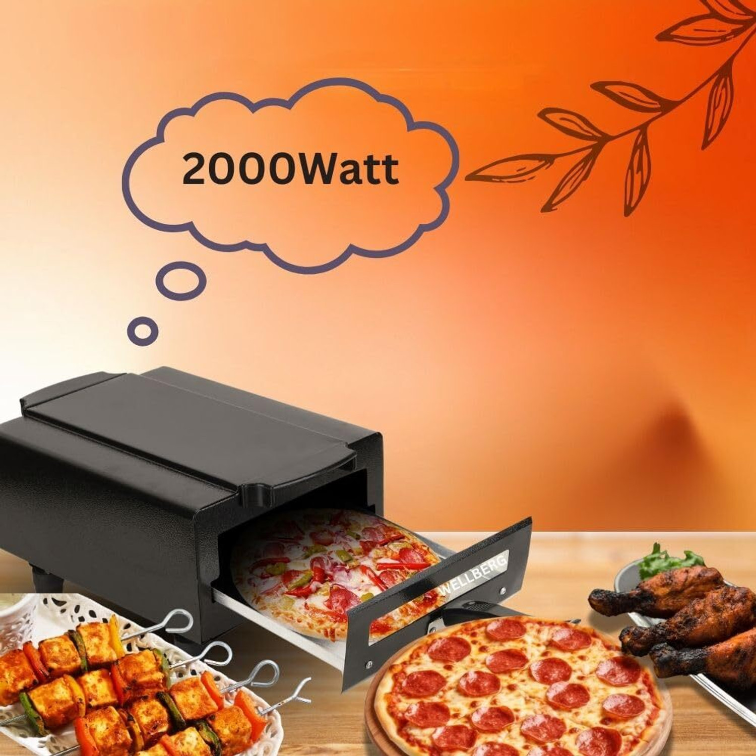 Image of WELLBERG 14-Inch Premium Multipurpose Pizza Oven for Healthy Grilling and Baking at Home Electric Tandoor