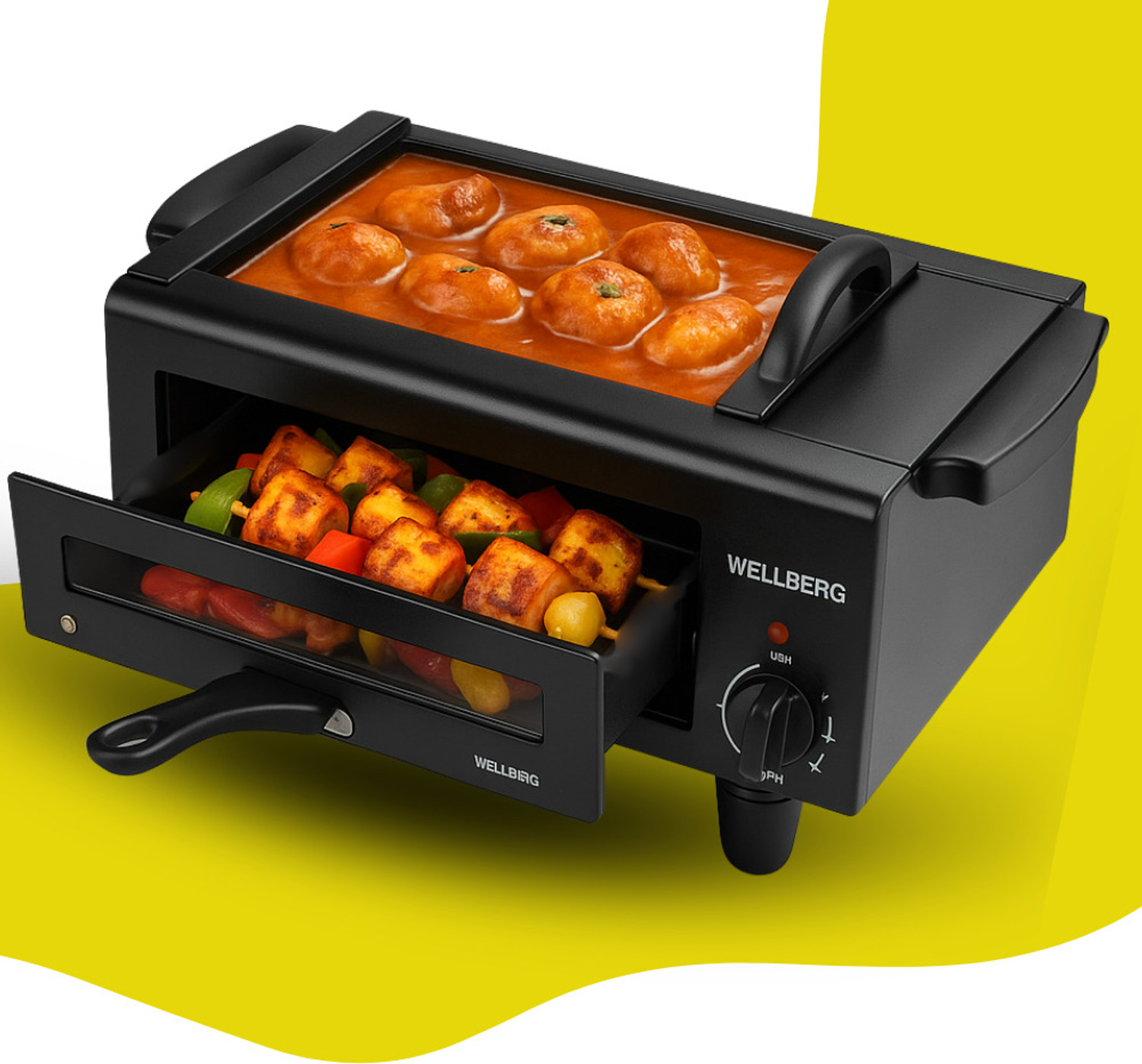 Image of WELLBERG 2-in-1 Pizza Oven & Grill-2200W Stainless Steel Heating Element + Control Switch Electric Tandoor