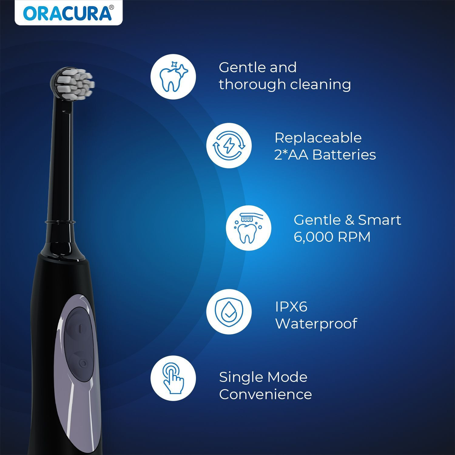 Image of ORACURA OB100 Oscillating Battery Operated Electric Toothbrush | 6000 Strokes /Min Electric Toothbrush